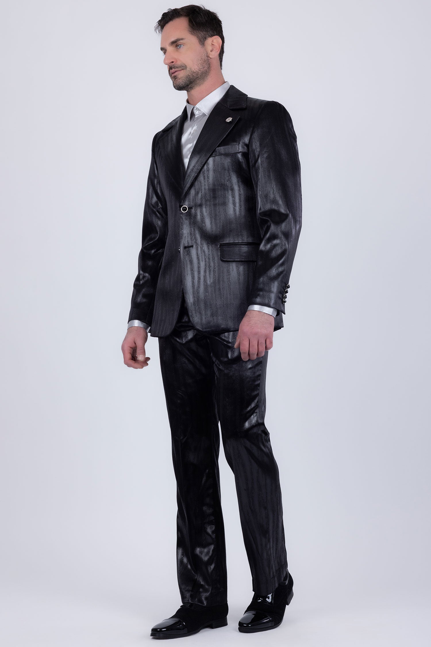 Barabas Men's Shiny Metallic Striped Pattern Notch Wide Lapel Suit 6SU04 Black
