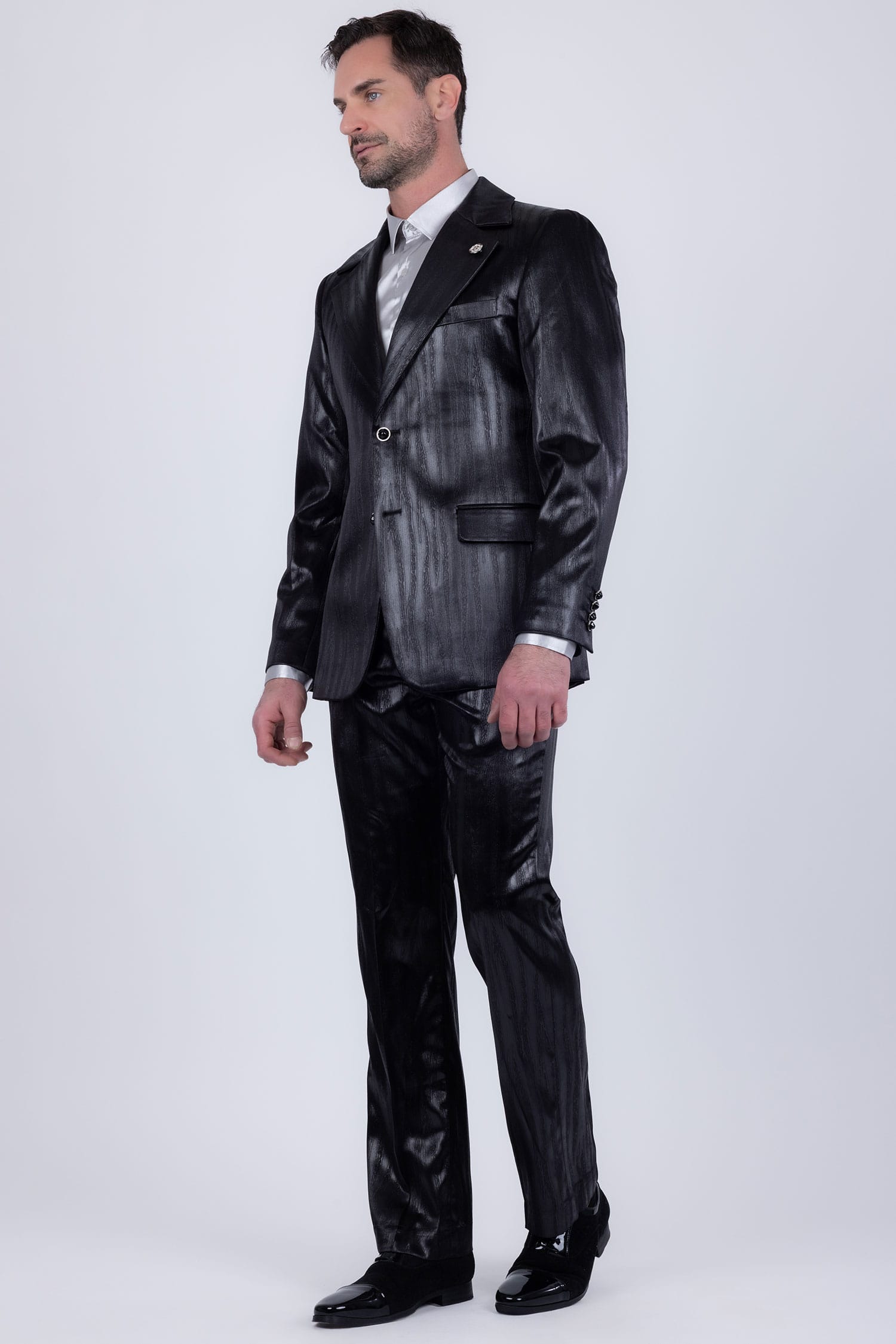 Barabas Men's Shiny Metallic Striped Pattern Notch Wide Lapel Suit 6SU04 Black