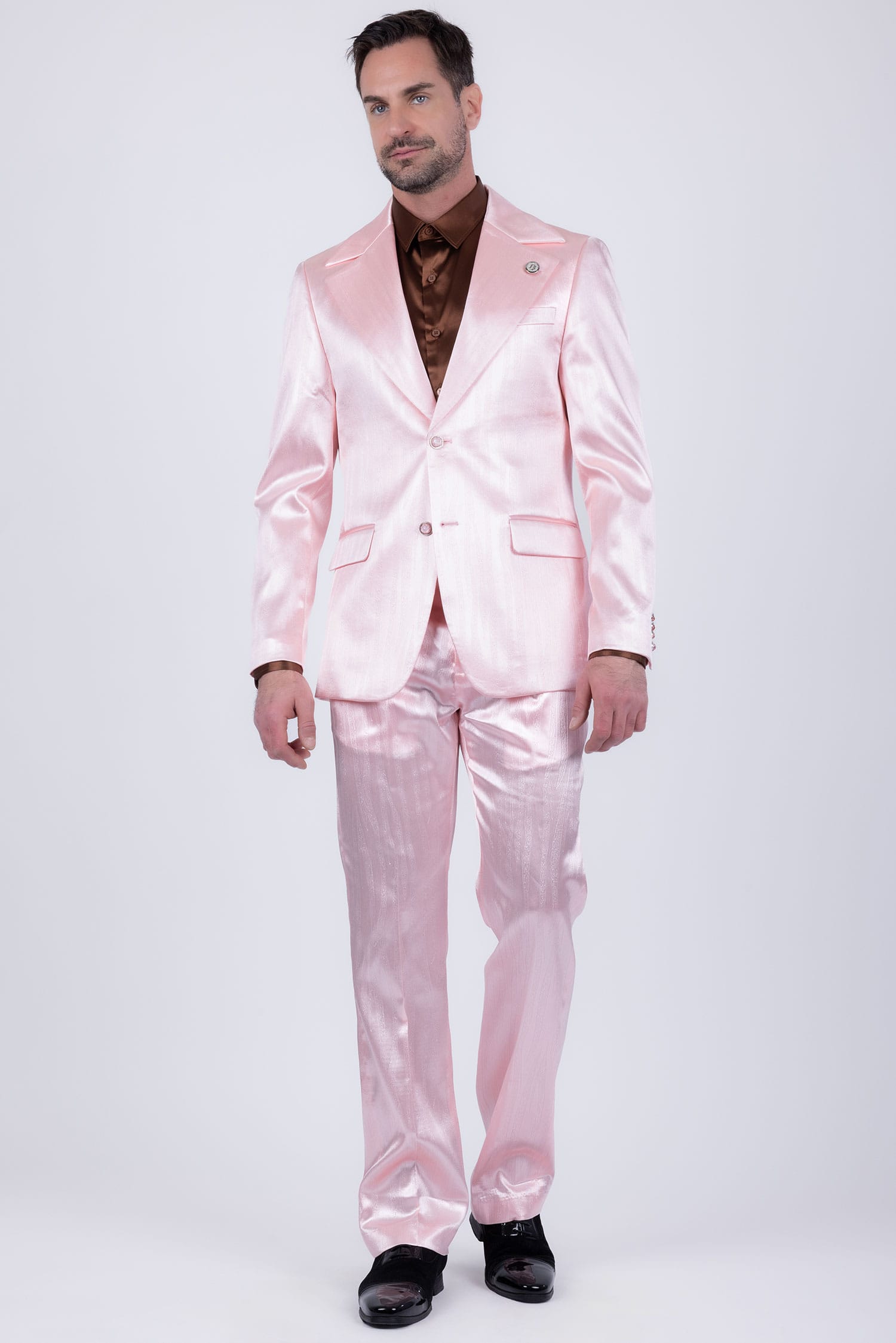 Barabas Men's Shiny Metallic Striped Pattern Notch Wide Lapel Suit 6SU04 Rose