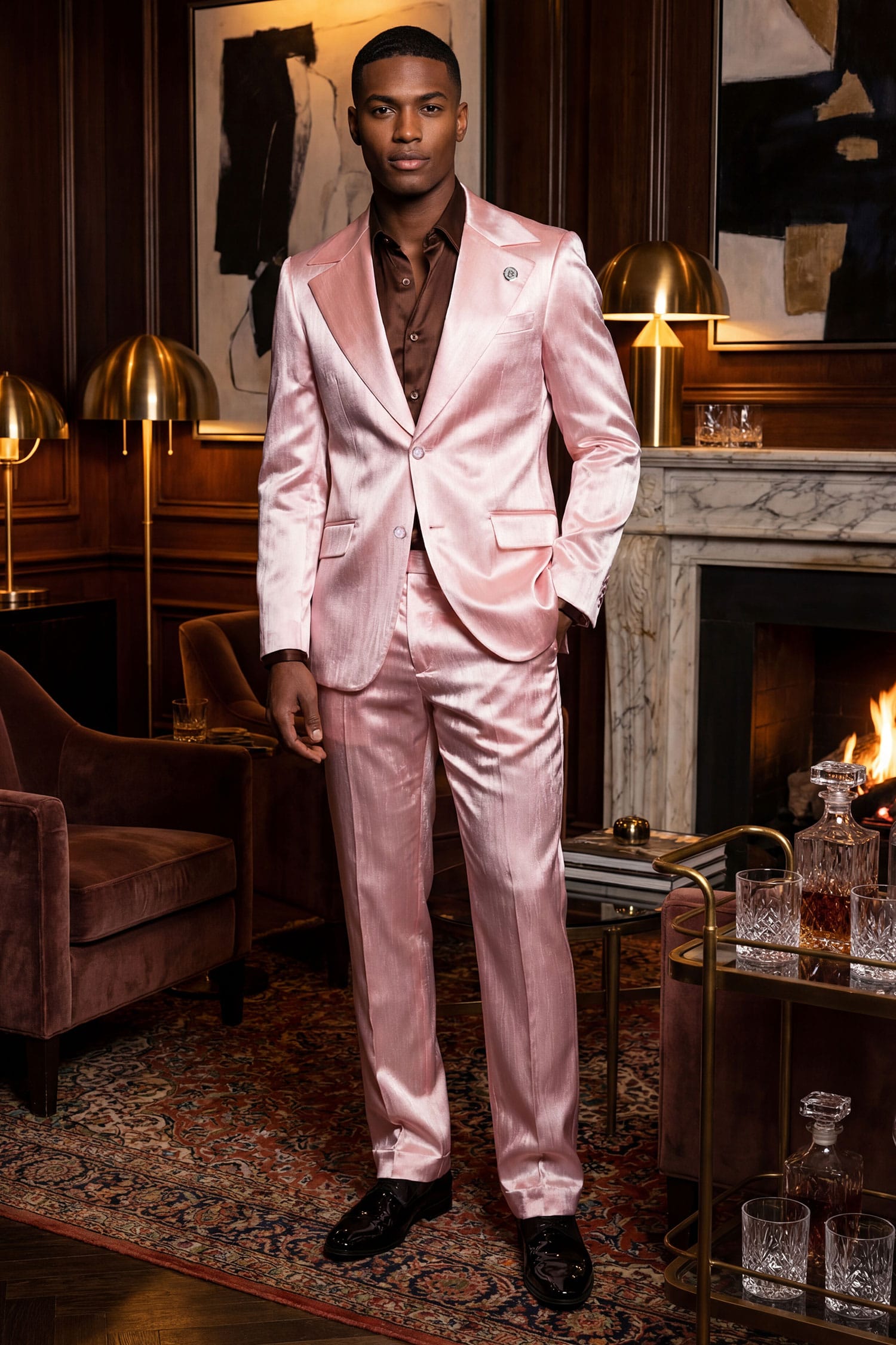 Barabas Men's Shiny Metallic Striped Pattern Notch Wide Lapel Suit 6SU04 Rose
