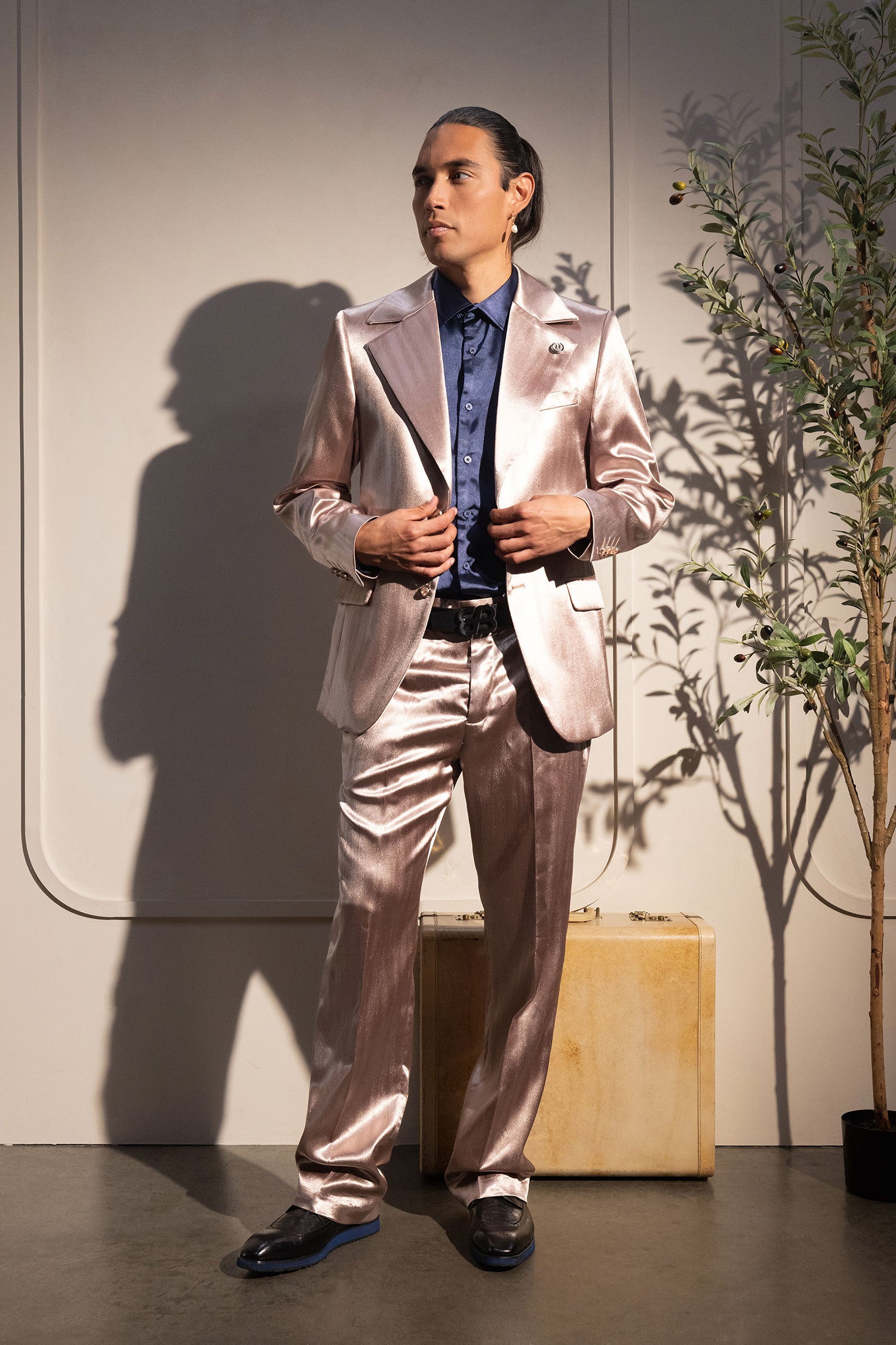 Barabas Men's Shiny Metallic Striped Pattern Notch Wide Lapel Suit 6SU04 Coffee