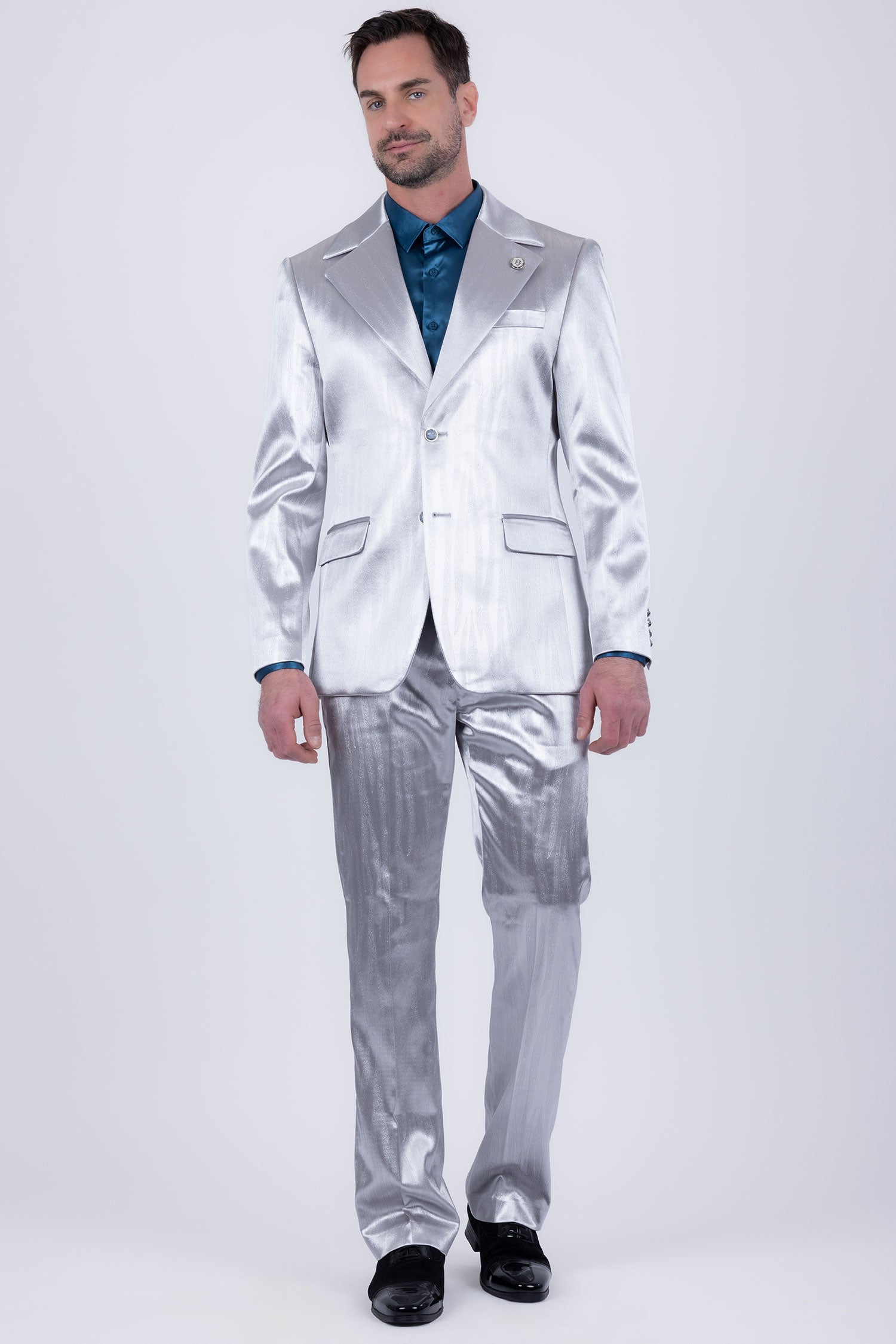 Barabas Men's Shiny Metallic Striped Pattern Notch Wide Lapel Suit 6SU04 Grey