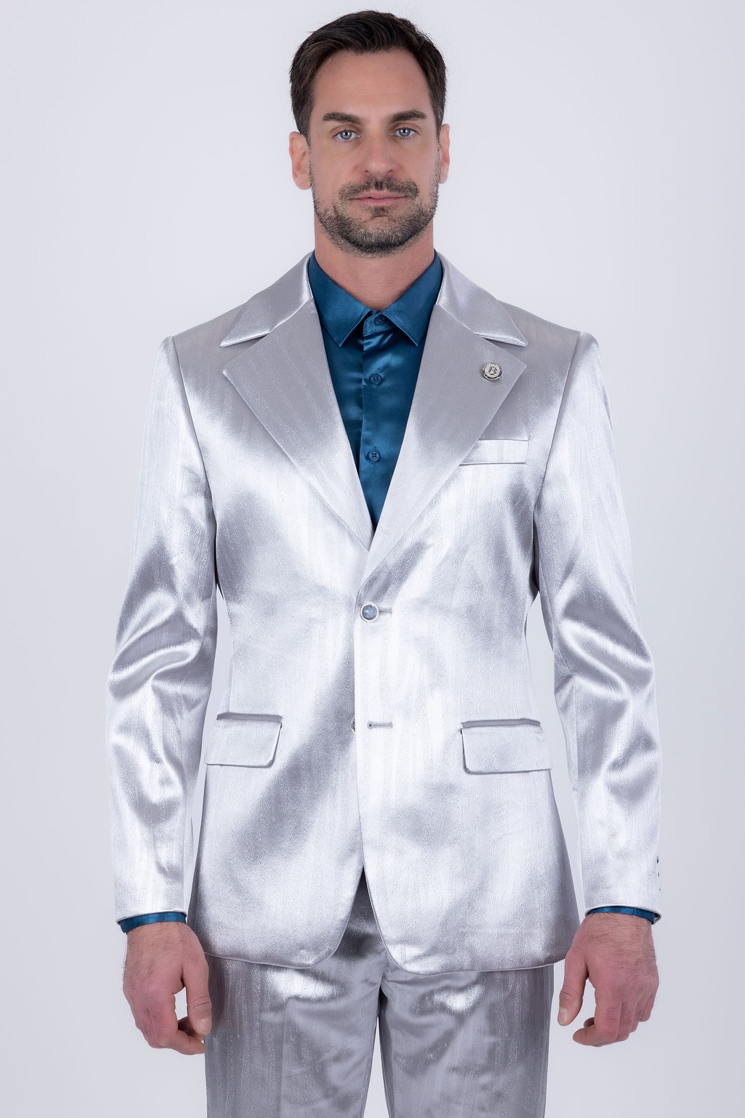 Barabas Men's Shiny Metallic Striped Pattern Notch Wide Lapel Suit 6SU04 Silver