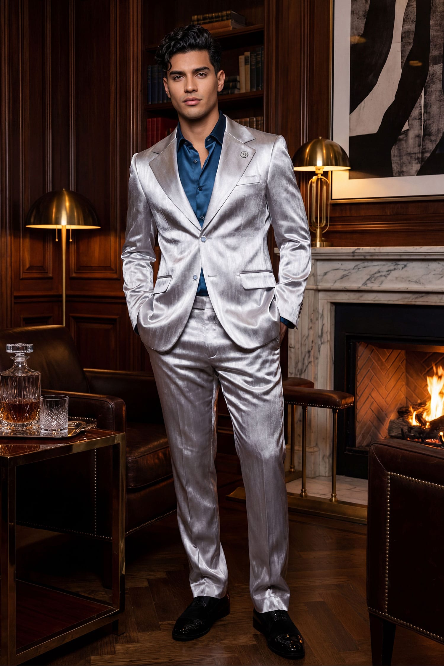 Barabas Men's Shiny Metallic Striped Pattern Notch Wide Lapel Suit 6SU04 Grey