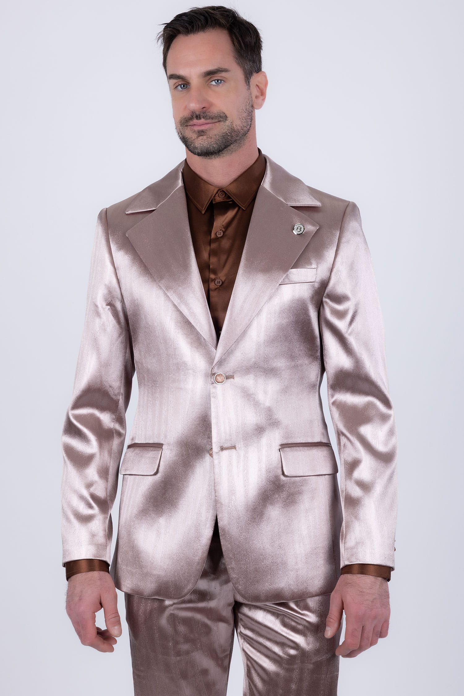 Barabas Men's Shiny Metallic Striped Pattern Notch Wide Lapel Suit 6SU04 Brown