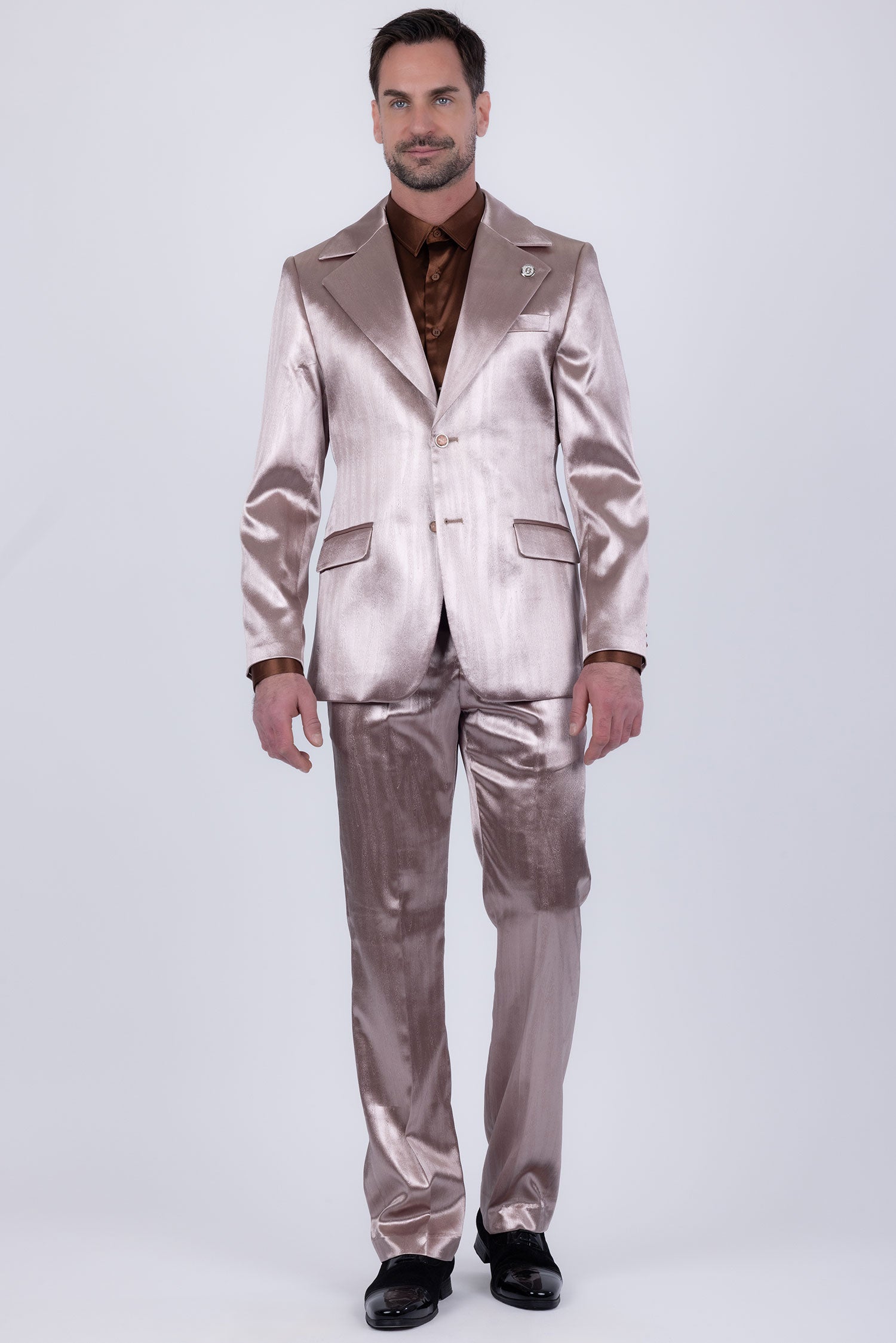 Barabas Men's Shiny Metallic Striped Pattern Notch Wide Lapel Suit 6SU04 Coffee