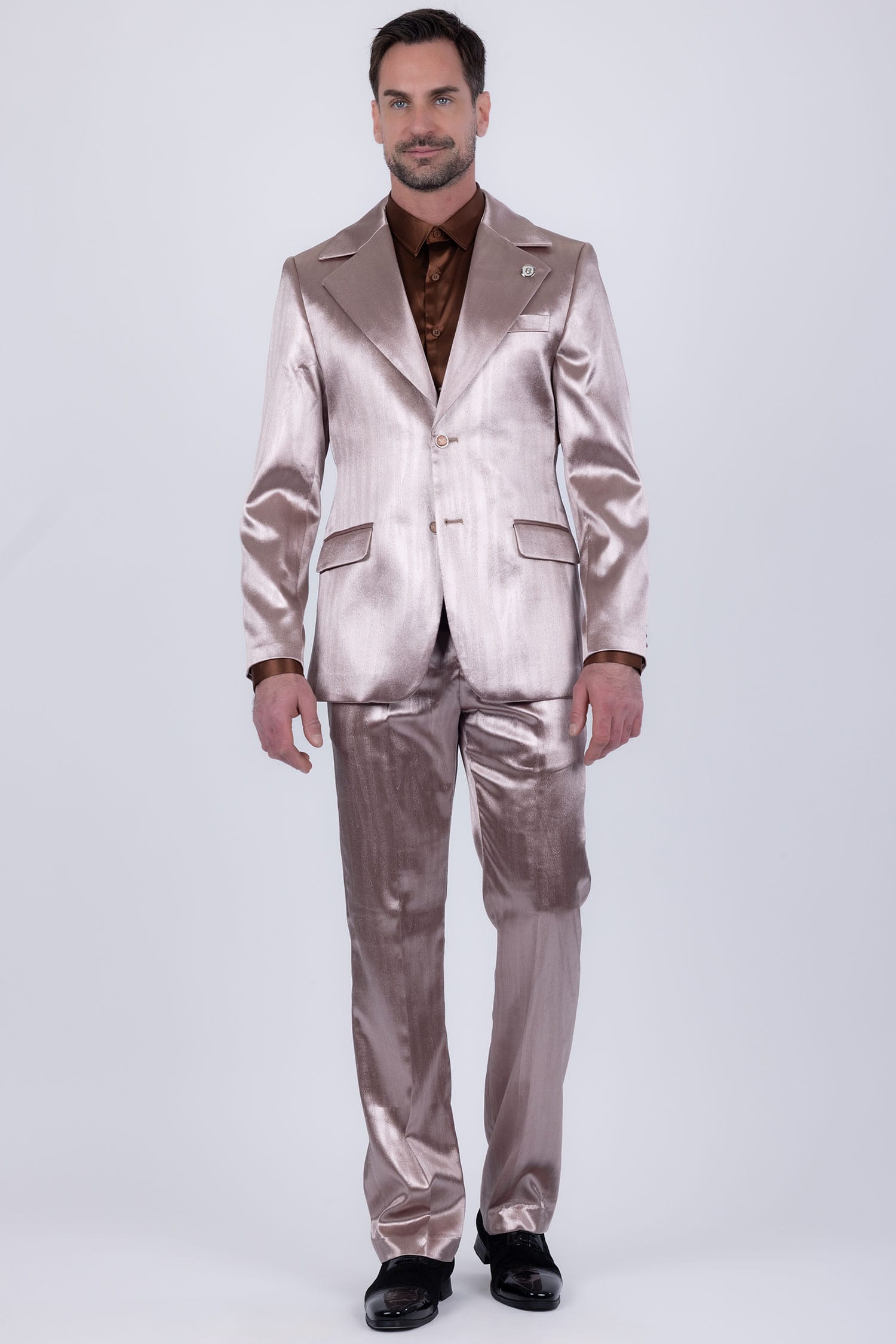 Barabas Men's Shiny Metallic Striped Pattern Notch Wide Lapel Suit 6SU04 Coffee
