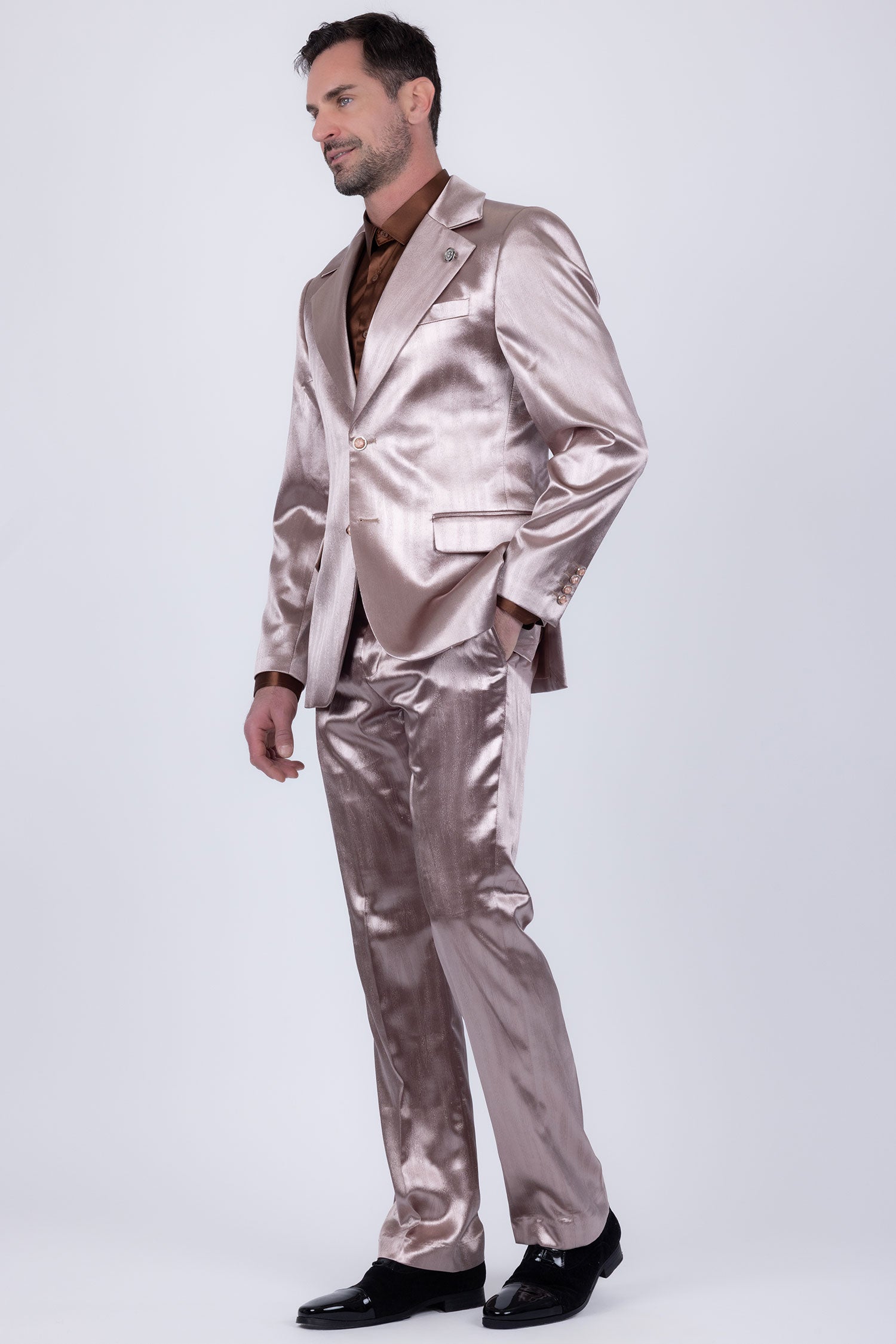 Barabas Men's Shiny Metallic Striped Pattern Notch Wide Lapel Suit 6SU04 Coffee