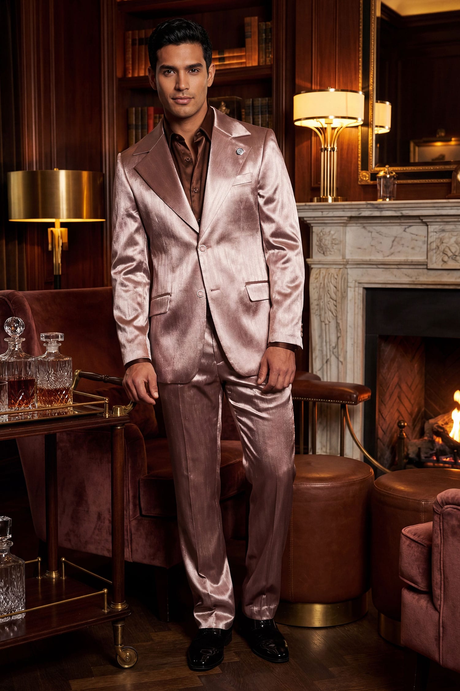Barabas Men's Shiny Metallic Striped Pattern Notch Wide Lapel Suit 6SU04 Coffee