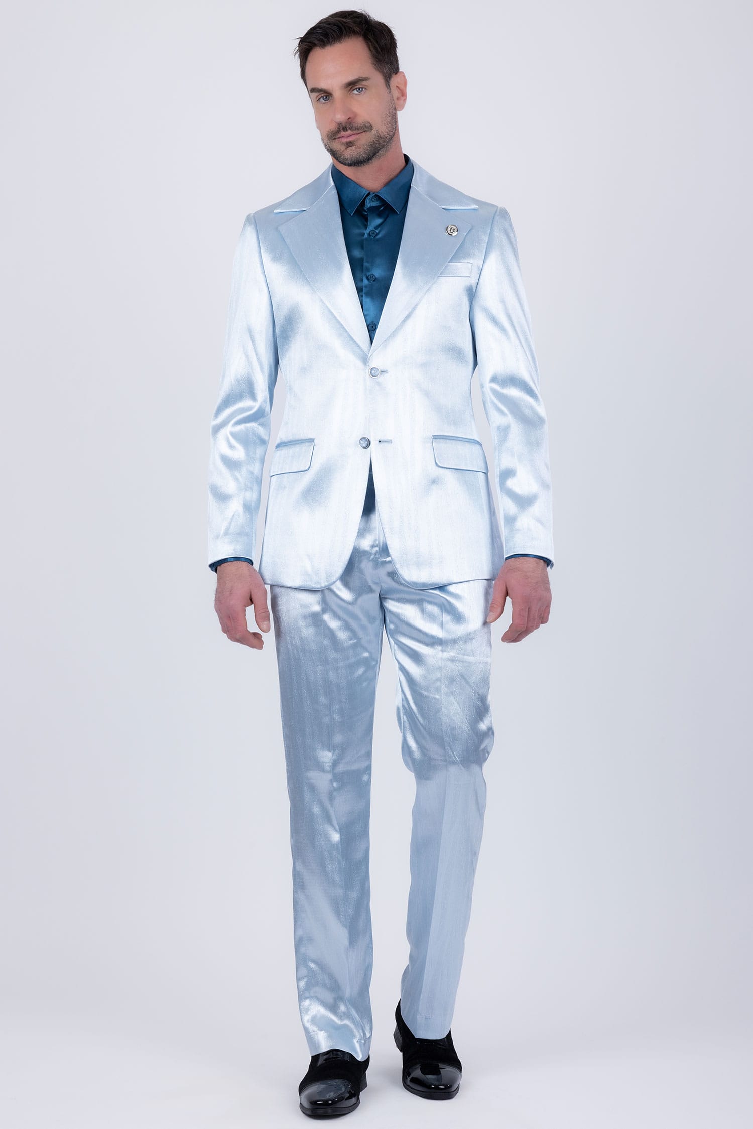 Barabas Men's Shiny Metallic Striped Pattern Notch Wide Lapel Suit 6SU04 Blue