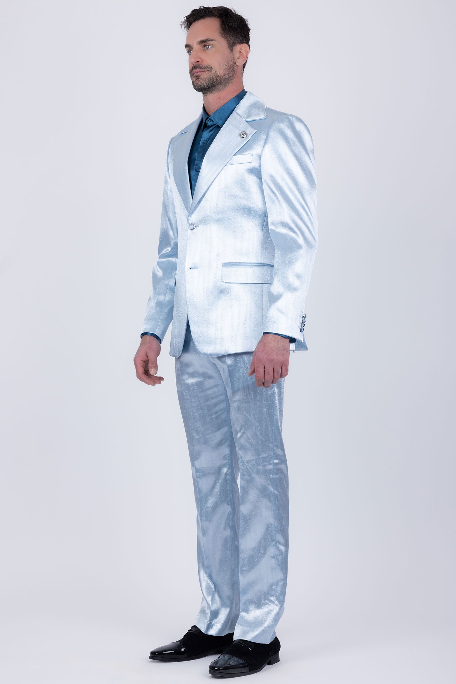 Barabas Men's Shiny Metallic Striped Pattern Notch Wide Lapel Suit 6SU04 Blue