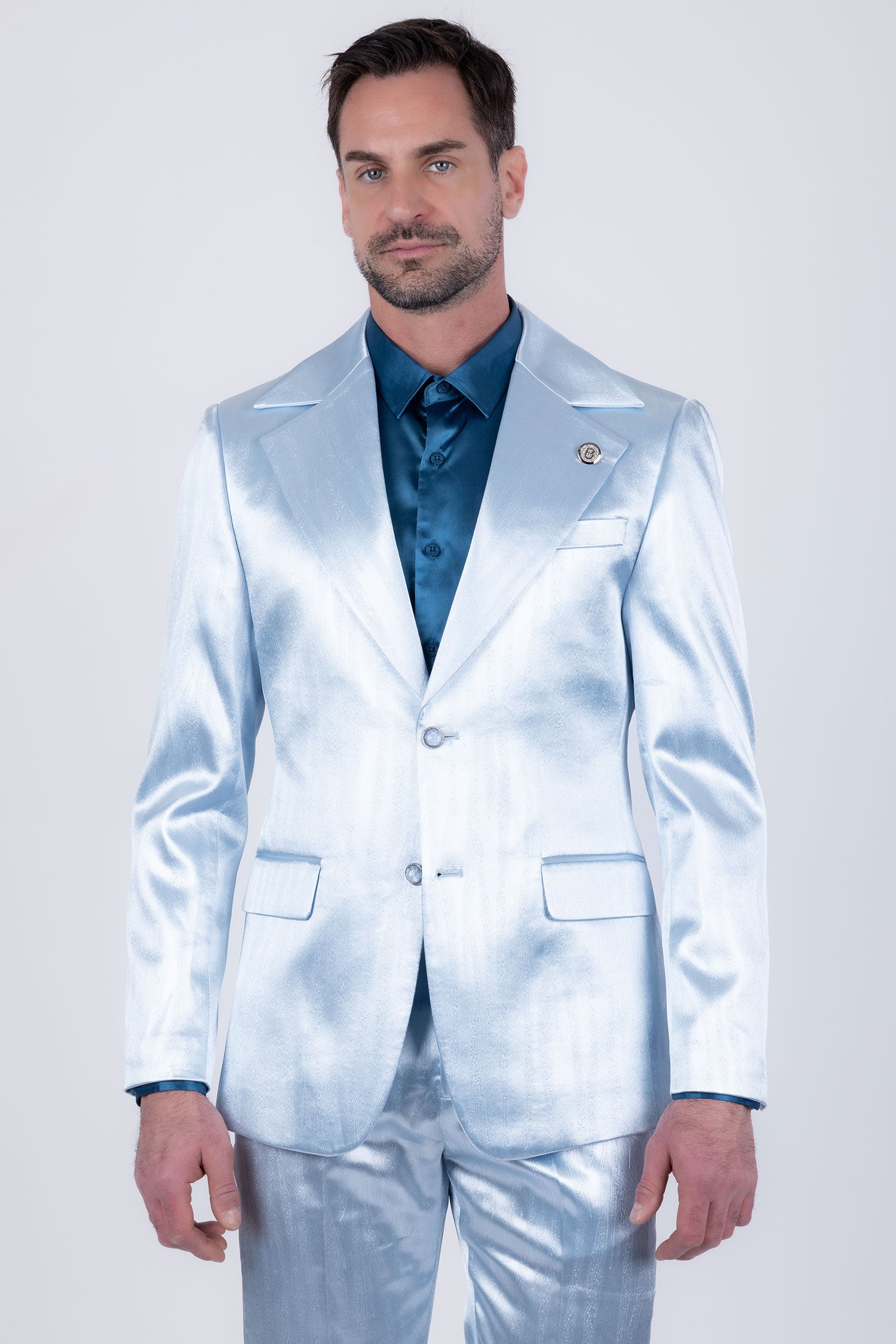 Barabas Men's Shiny Metallic Striped Pattern Notch Wide Lapel Suit 6SU04 Blue