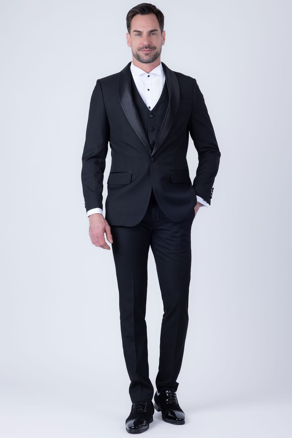 Barabas Men's Solid Color Contrasting Shawl Lapel Suit 6SU05 #Color_Black Beauty