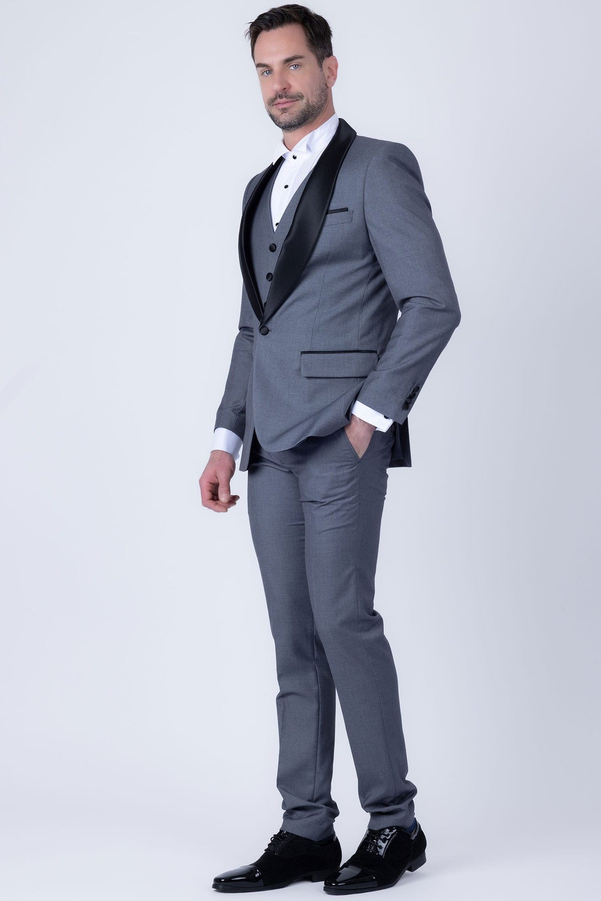 Barabas Men's Solid Color Contrasting Shawl Lapel Suit 6SU05 #Color_Charcoal Black