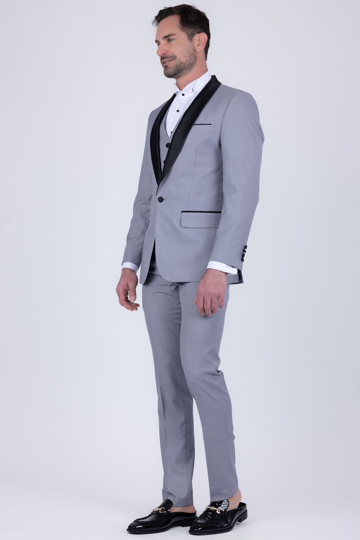 Barabas Men's Solid Color Contrasting Shawl Lapel Suit 6SU05 #Color_Harbor Mist Black