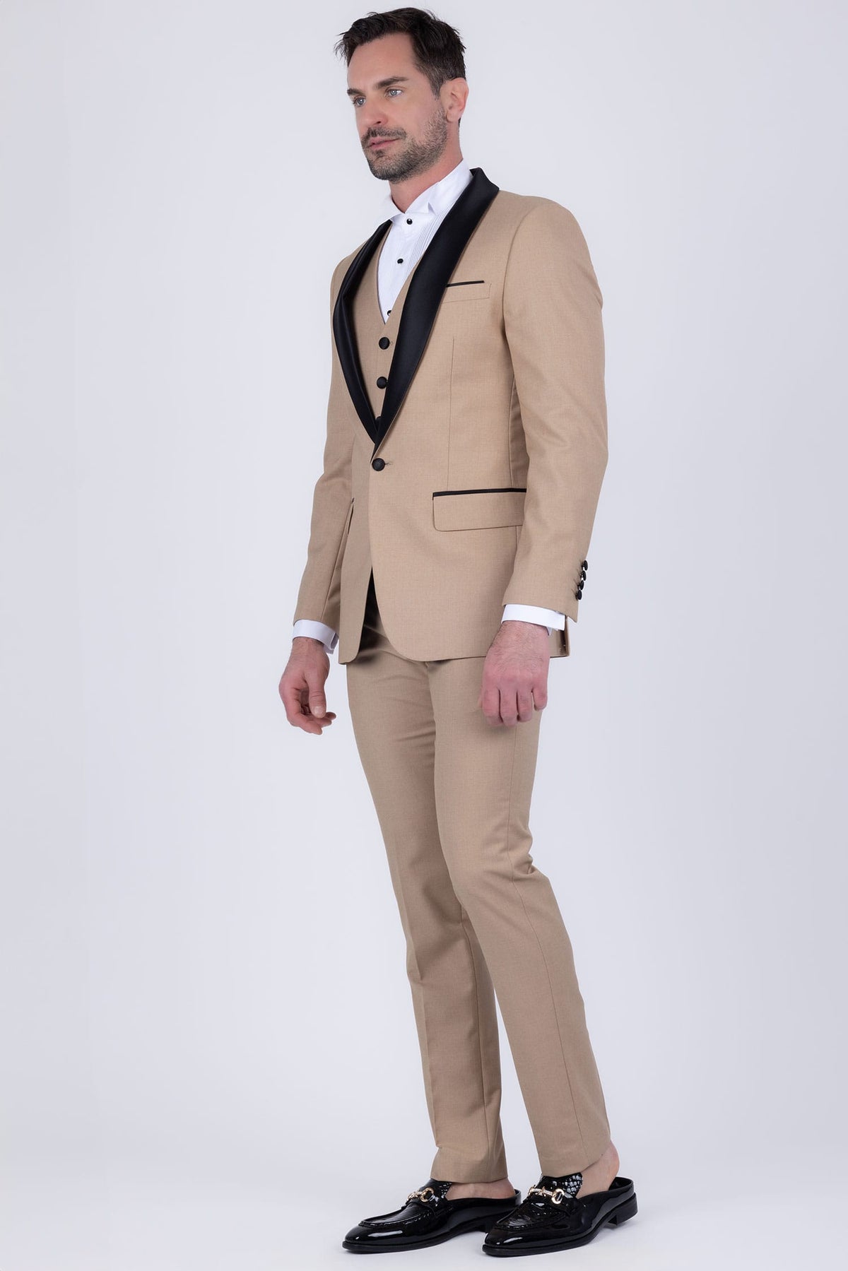 Barabas Men's Solid Color Contrasting Shawl Lapel Suit 6SU05 #Color_Iced Coffee Black