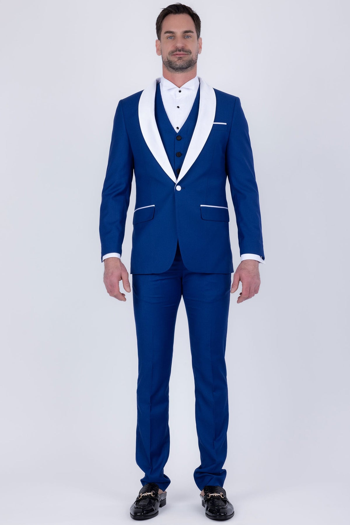 Barabas Men's Solid Color Contrasting Shawl Lapel Suit 6SU05 #Color_Mazarine Blue Snow White