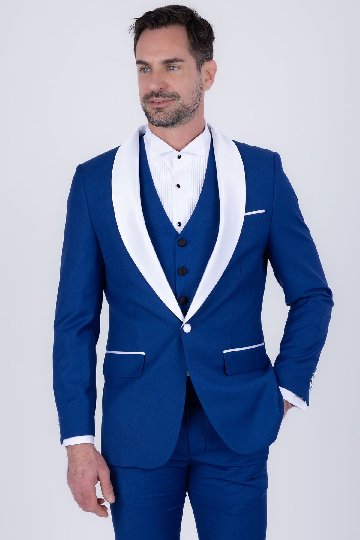 Barabas Men's Solid Color Contrasting Shawl Lapel Suit 6SU05 #Color_Mazarine Blue Snow White