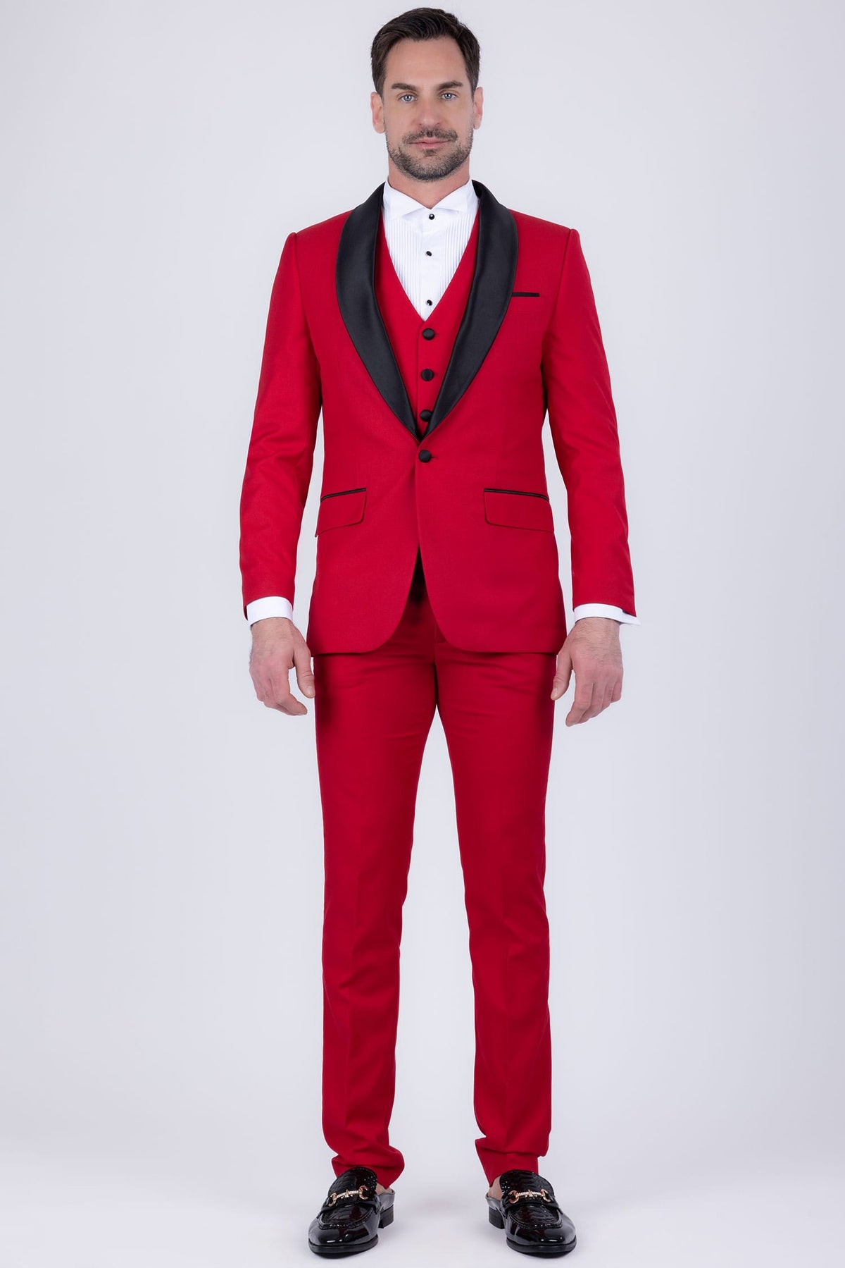 Barabas Men's Solid Color Contrasting Shawl Lapel Suit 6SU05 #Color_Poppy Red Black