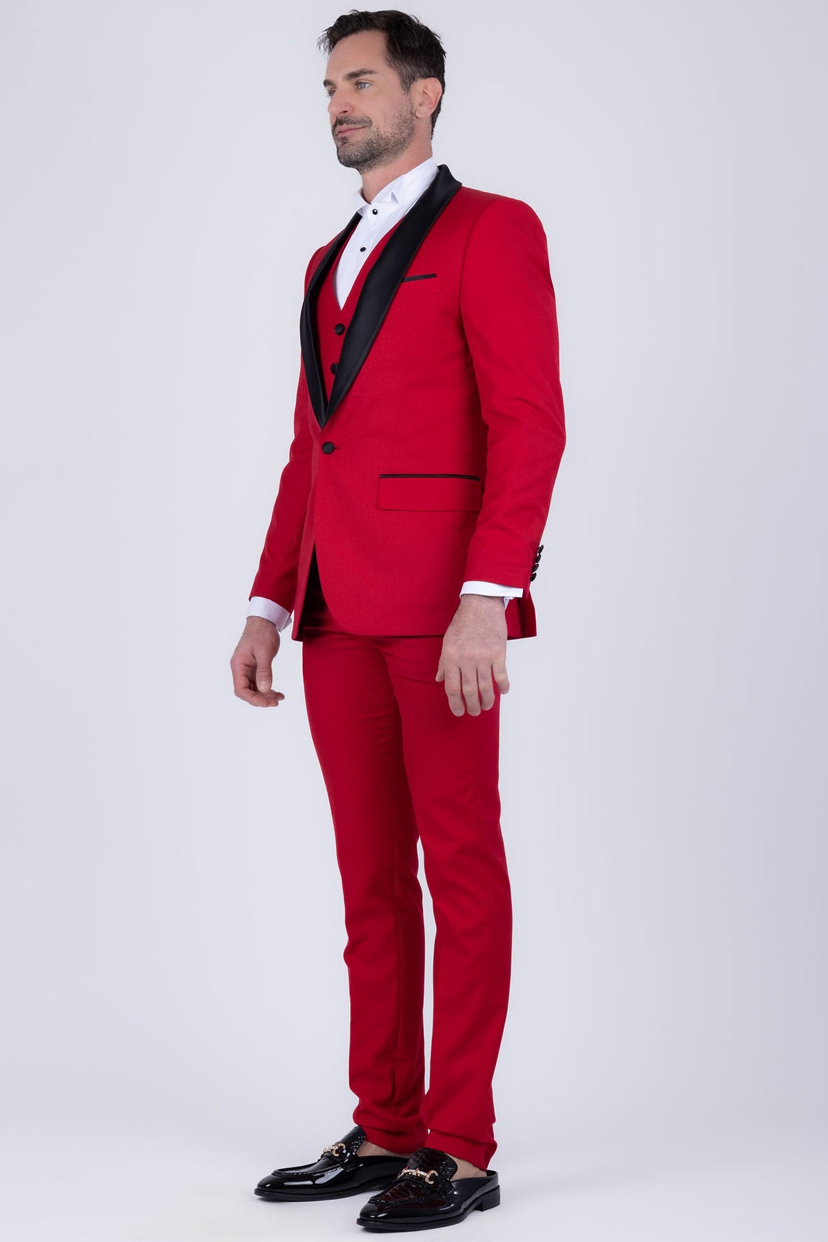 Barabas Men's Solid Color Contrasting Shawl Lapel Suit 6SU05 #Color_Poppy Red Black