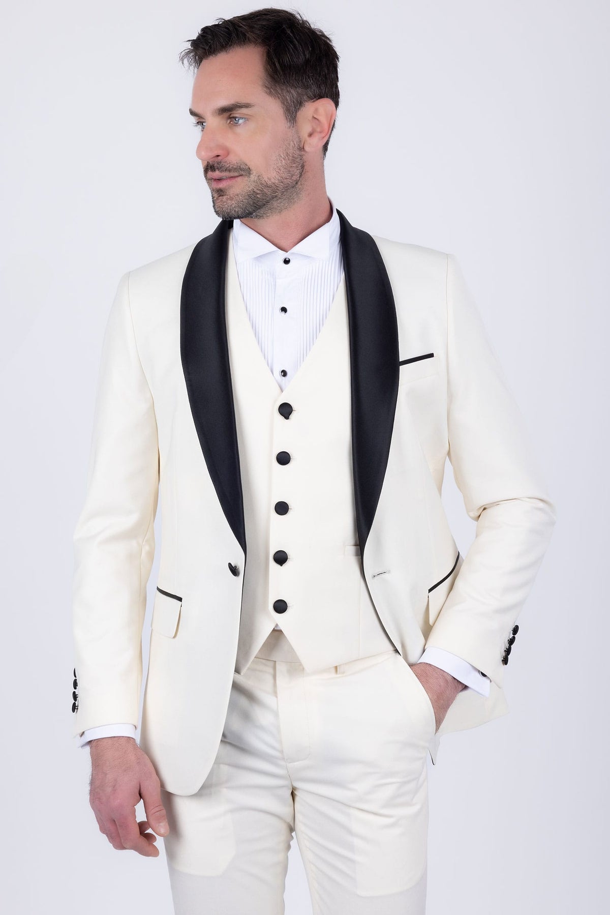 Barabas Men's Solid Color Contrasting Shawl Lapel Suit 6SU05 #Color_Whisper White Black