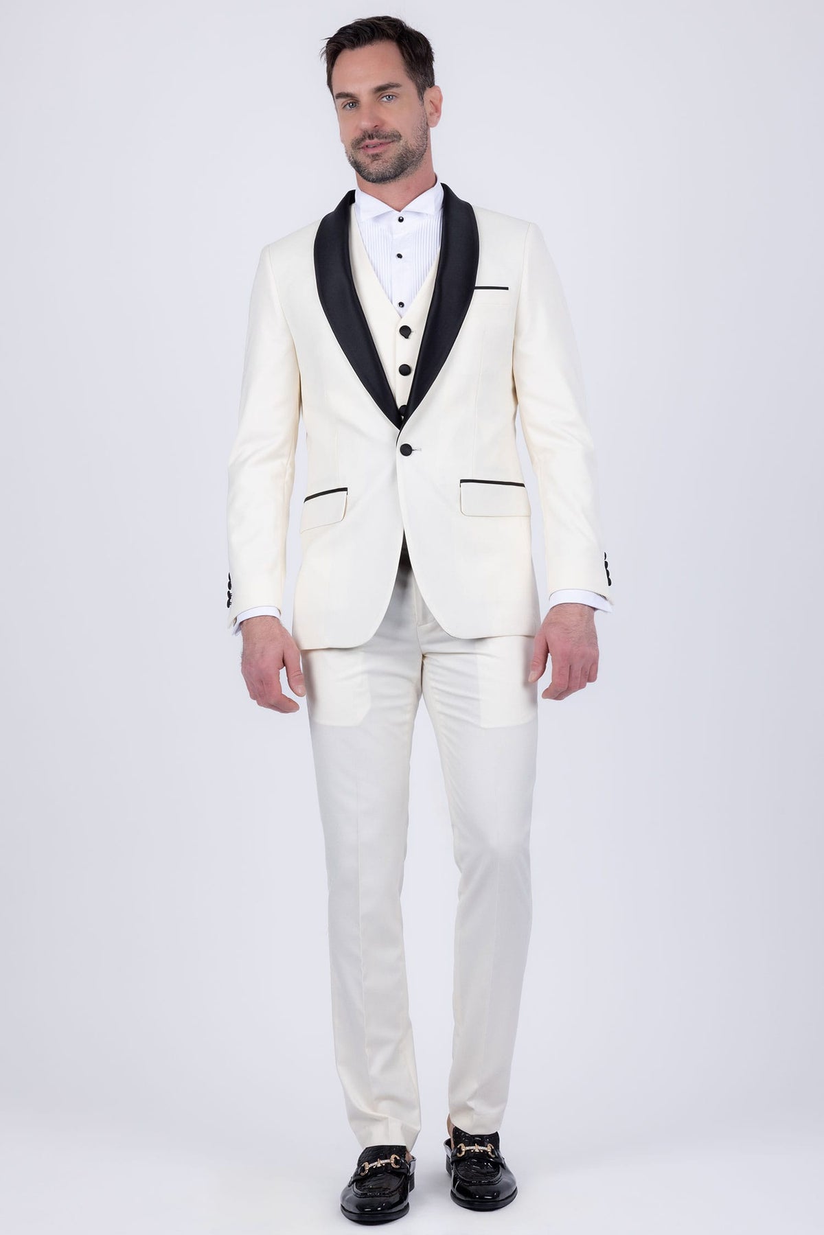 Barabas Men's Solid Color Contrasting Shawl Lapel Suit 6SU05 #Color_Whisper White Black