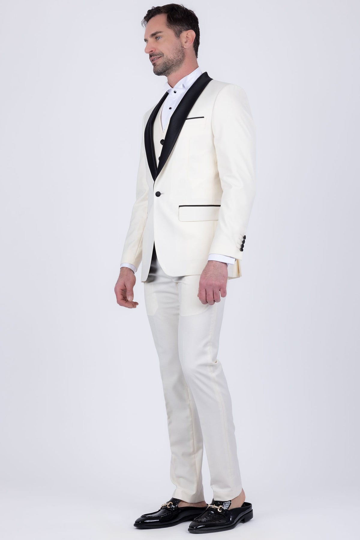 Barabas Men's Solid Color Contrasting Shawl Lapel Suit 6SU05 #Color_Whisper White Black