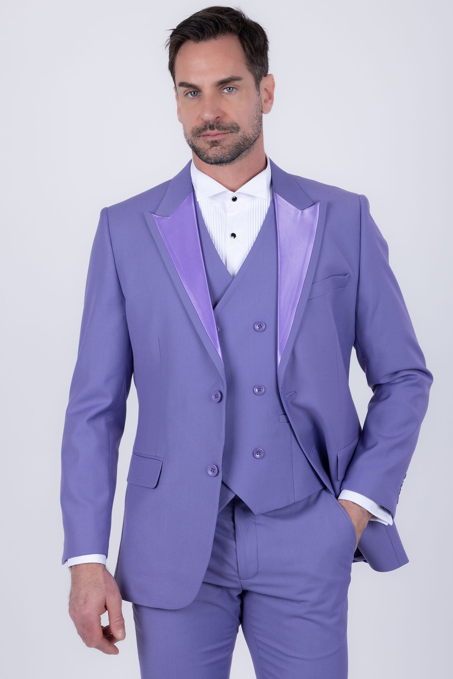 Barabas Men's Solid Color Tailored Matte Peak Shiny Lapel Suit 6SU06 Baby Lavender