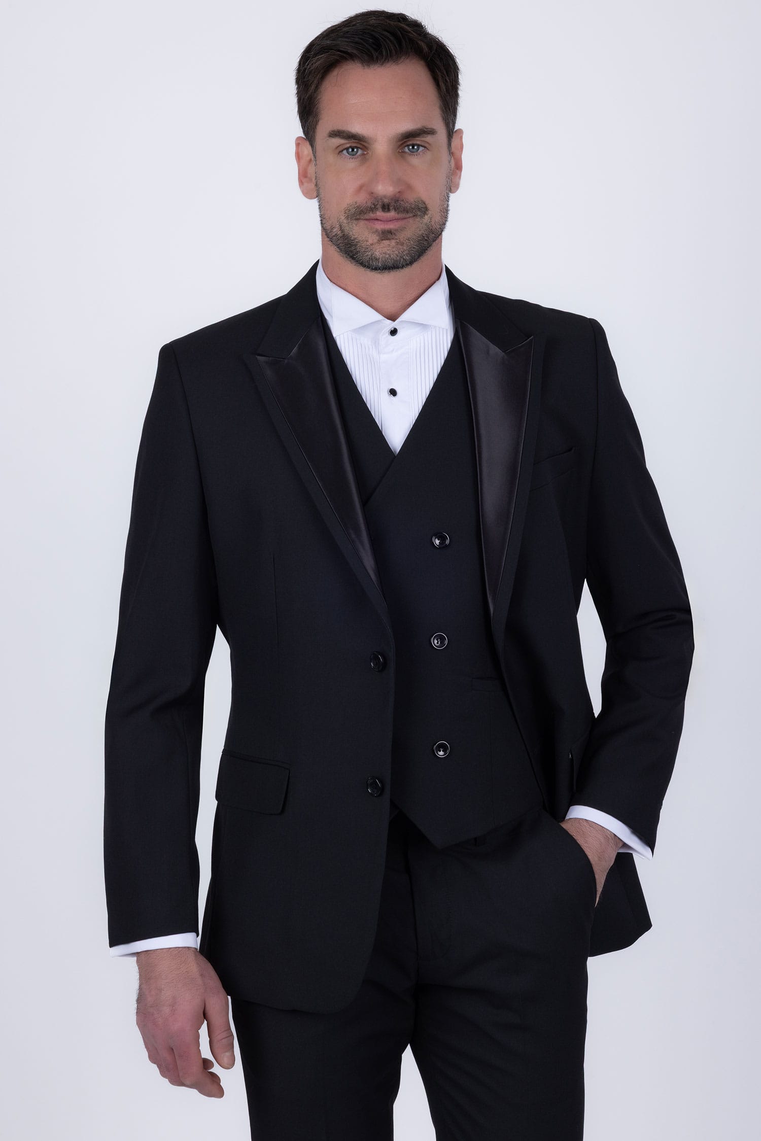 Barabas Men's Solid Color Tailored Matte Peak Shiny Lapel Suit 6SU06 Black Beauty