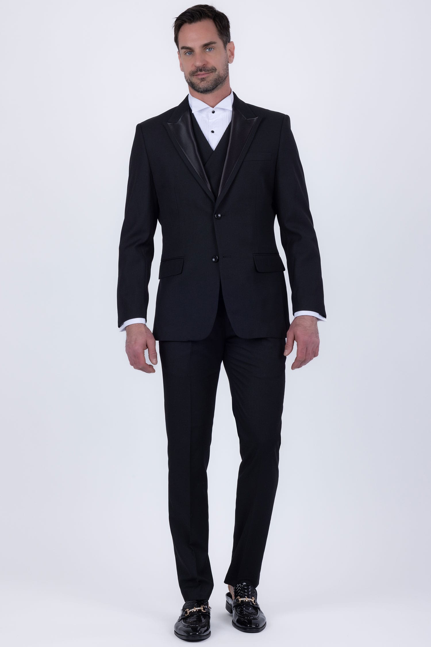 Barabas Men's Solid Color Tailored Matte Peak Shiny Lapel Suit 6SU06 Black