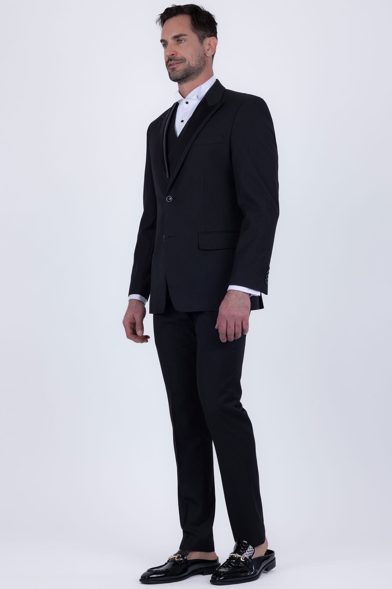 Barabas Men's Solid Color Tailored Matte Peak Shiny Lapel Suit 6SU06 Charcoal
