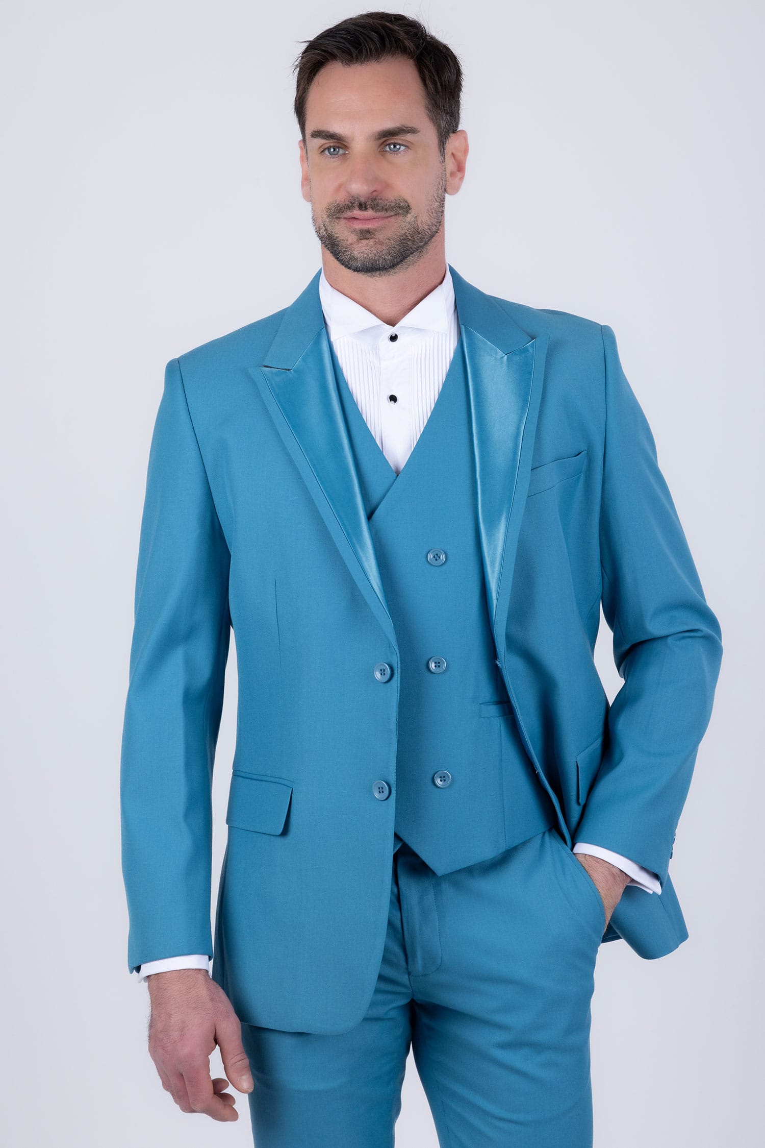 Barabas Men's Solid Color Tailored Matte Peak Shiny Lapel Suit 6SU06 Light Blue