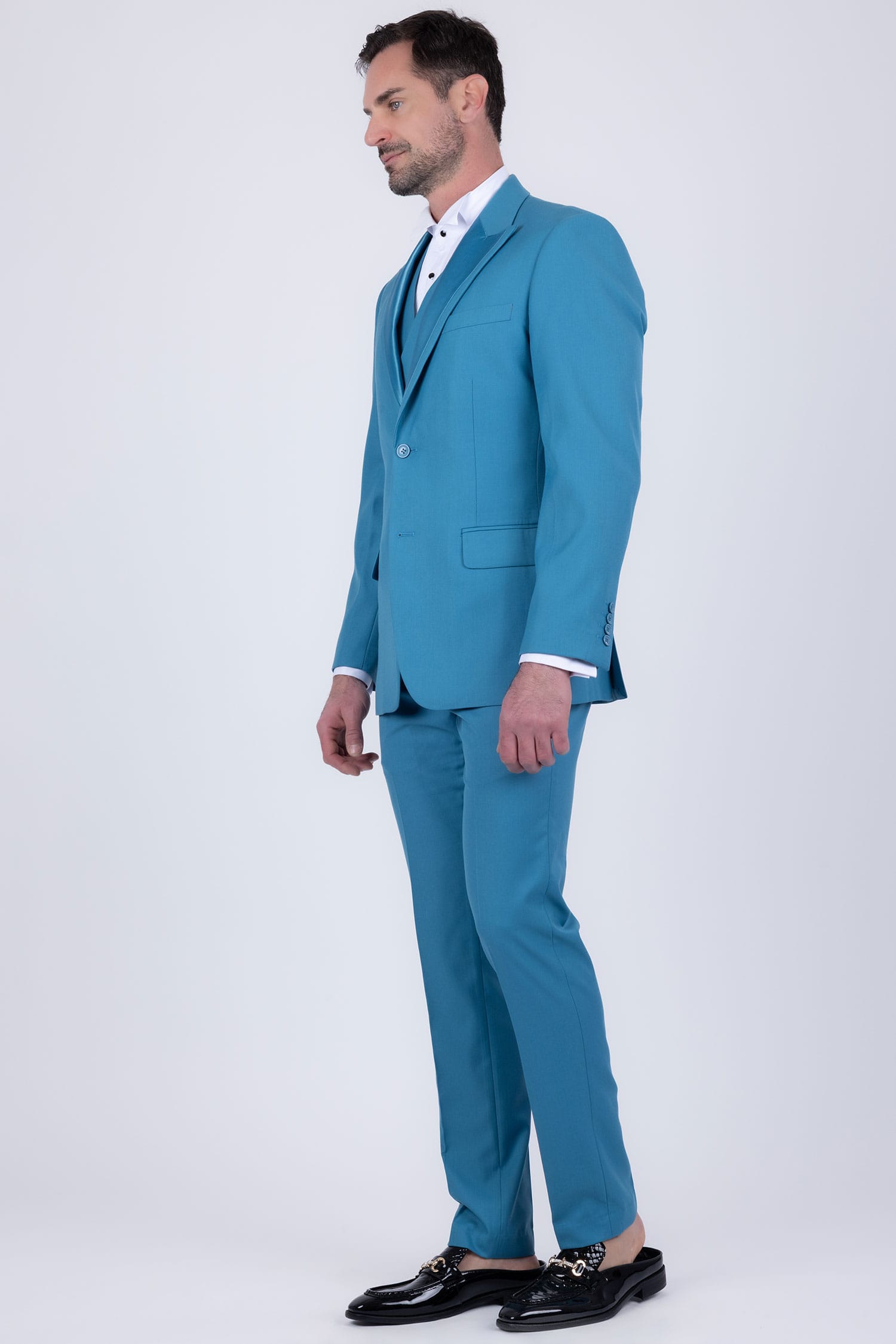Barabas Men's Solid Color Tailored Matte Peak Shiny Lapel Suit 6SU06 Blue Coral