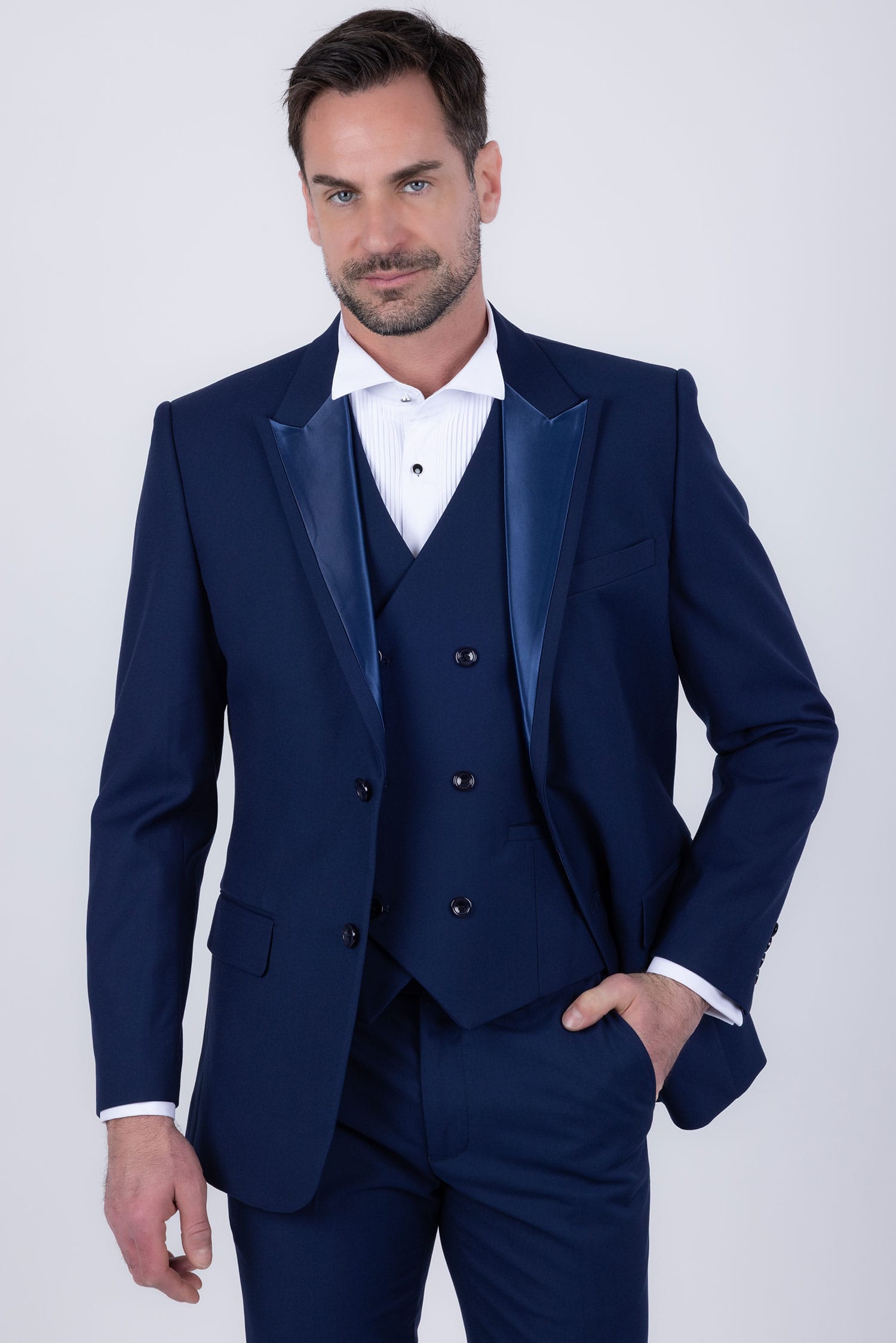 Barabas Men's Solid Color Tailored Matte Peak Shiny Lapel Suit 6SU06 Estate Blue