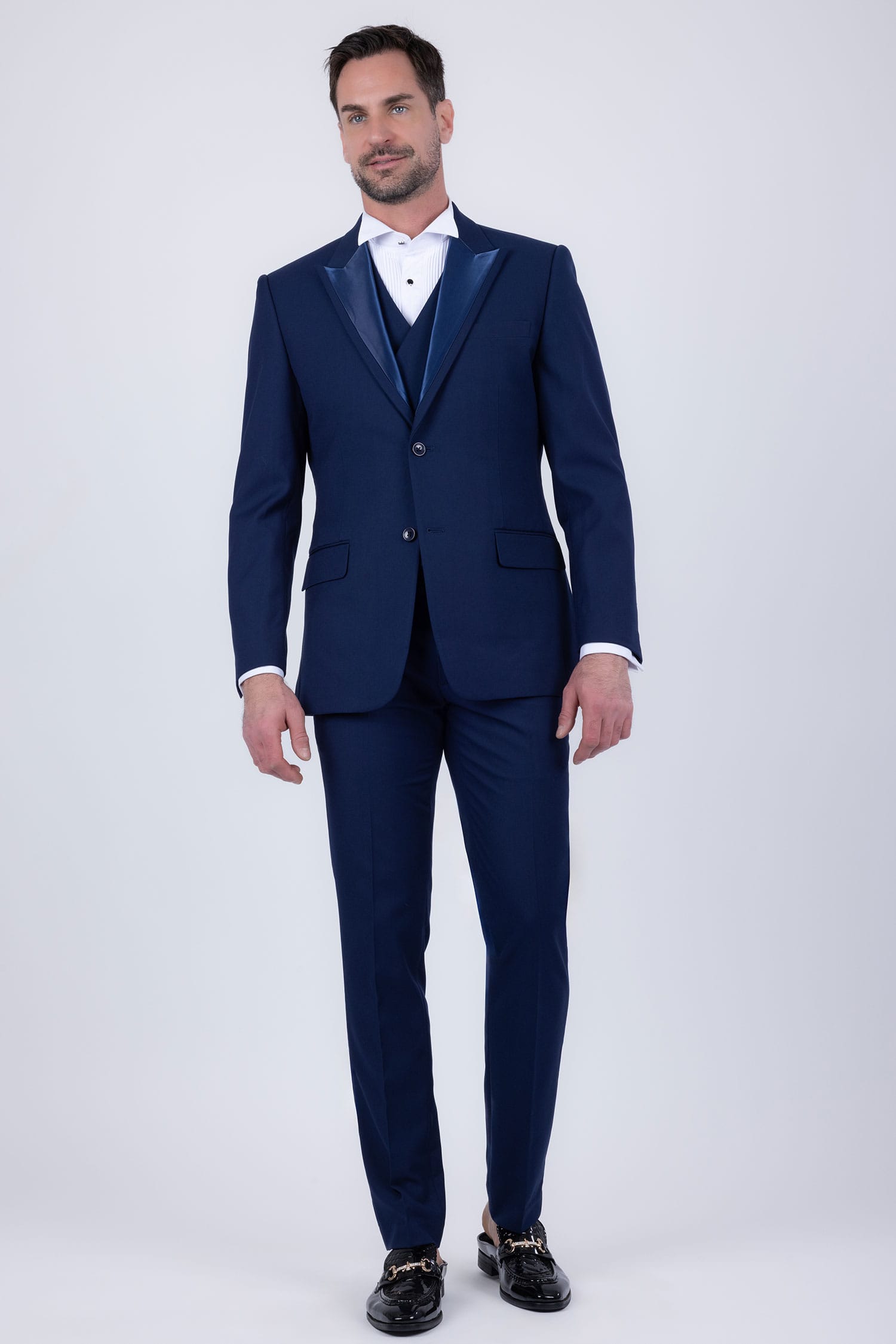Barabas Men's Solid Color Tailored Matte Peak Shiny Lapel Suit 6SU06 Estate Blue