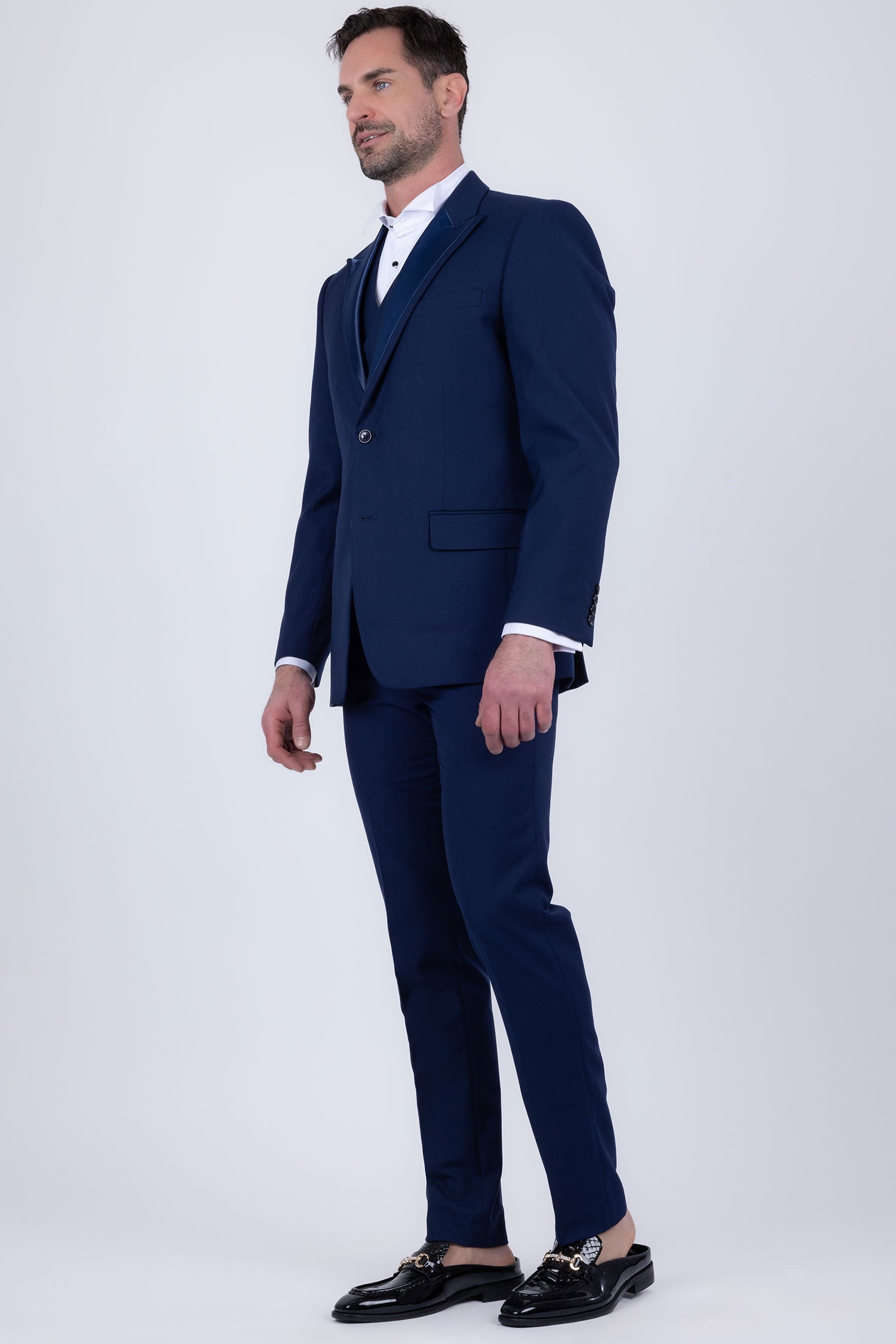 Barabas Men's Solid Color Tailored Matte Peak Shiny Lapel Suit 6SU06 Navy