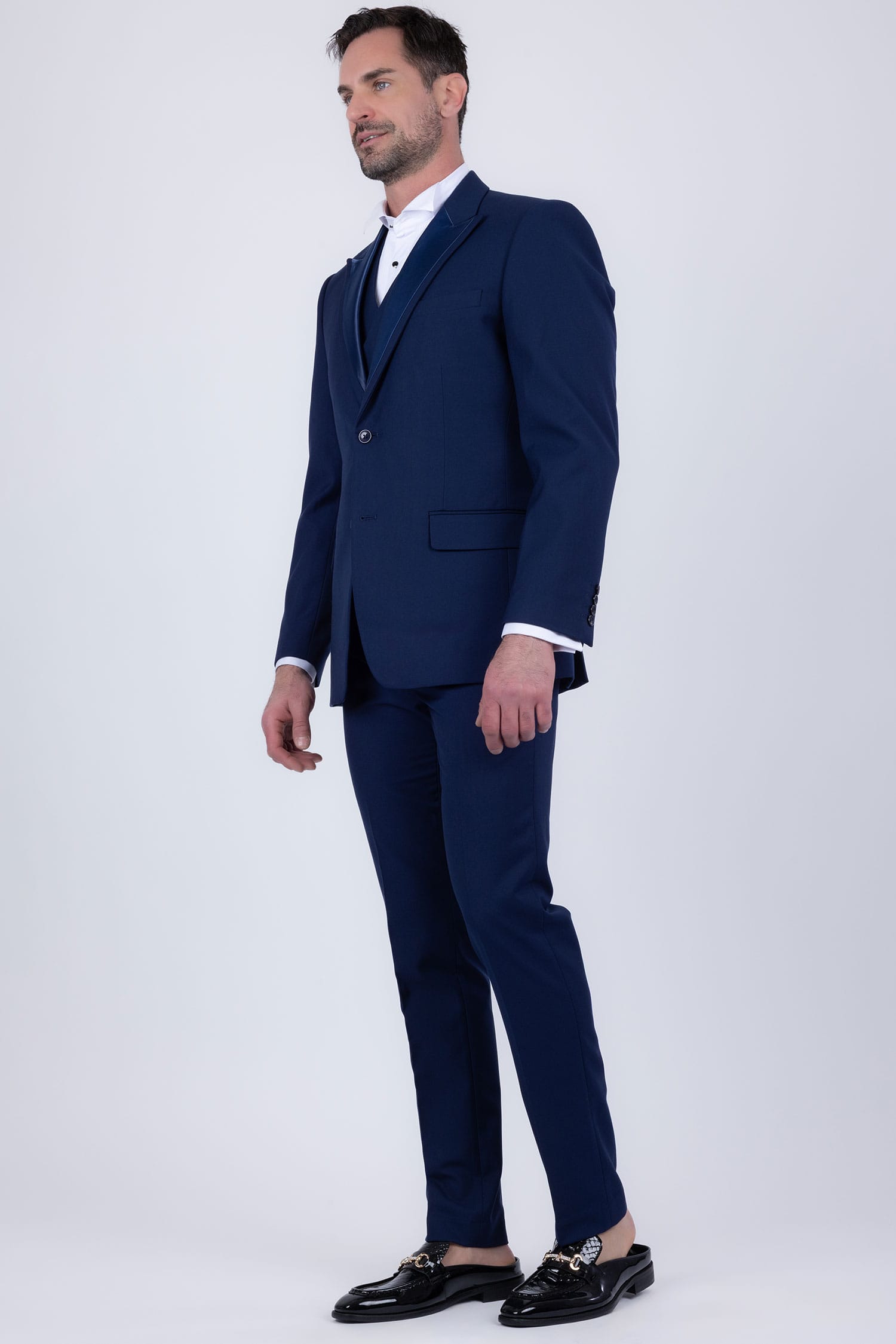 Barabas Men's Solid Color Tailored Matte Peak Shiny Lapel Suit 6SU06 Navy