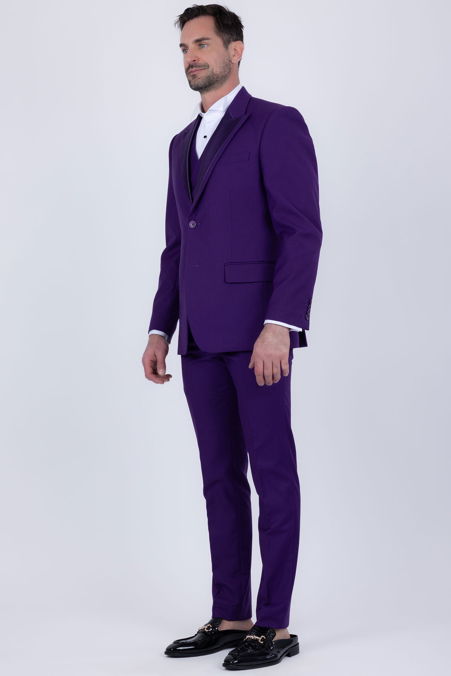 Barabas Men's Solid Color Tailored Matte Peak Shiny Lapel Suit 6SU06 Purple