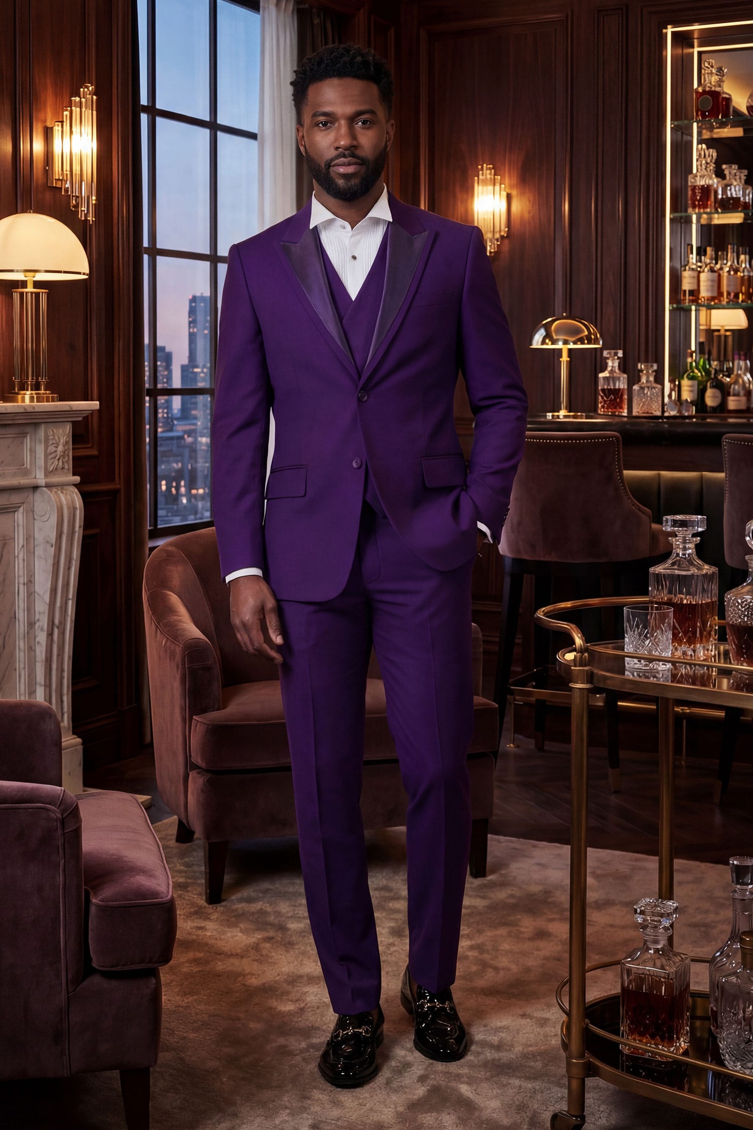 Barabas Men's Solid Color Tailored Matte Peak Shiny Lapel Suit 6SU06 Purple