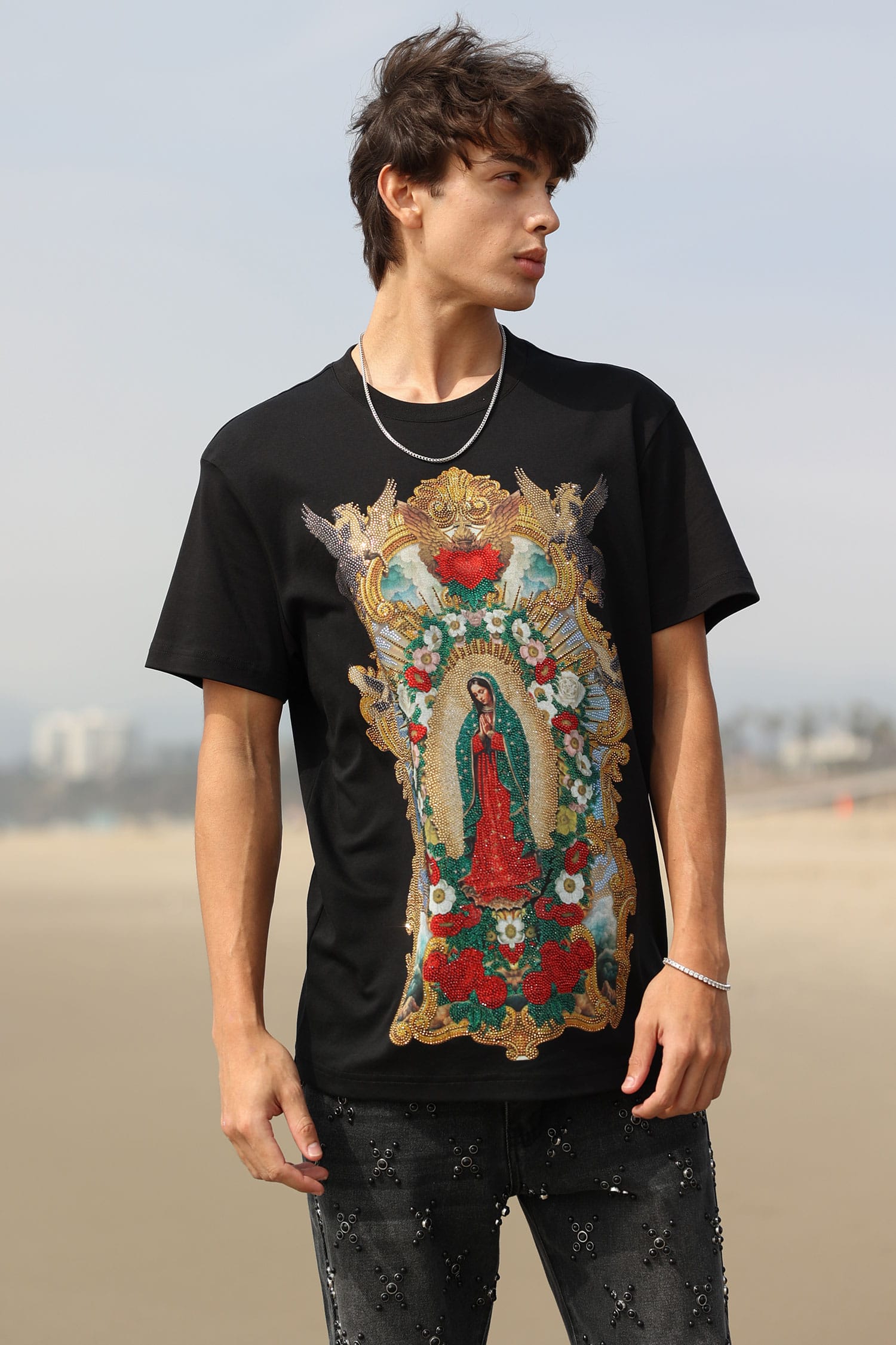 Barabas Men's Our Lady of Guadalupe Rhinestone Crew Neck T-Shirt 6TR01 Black