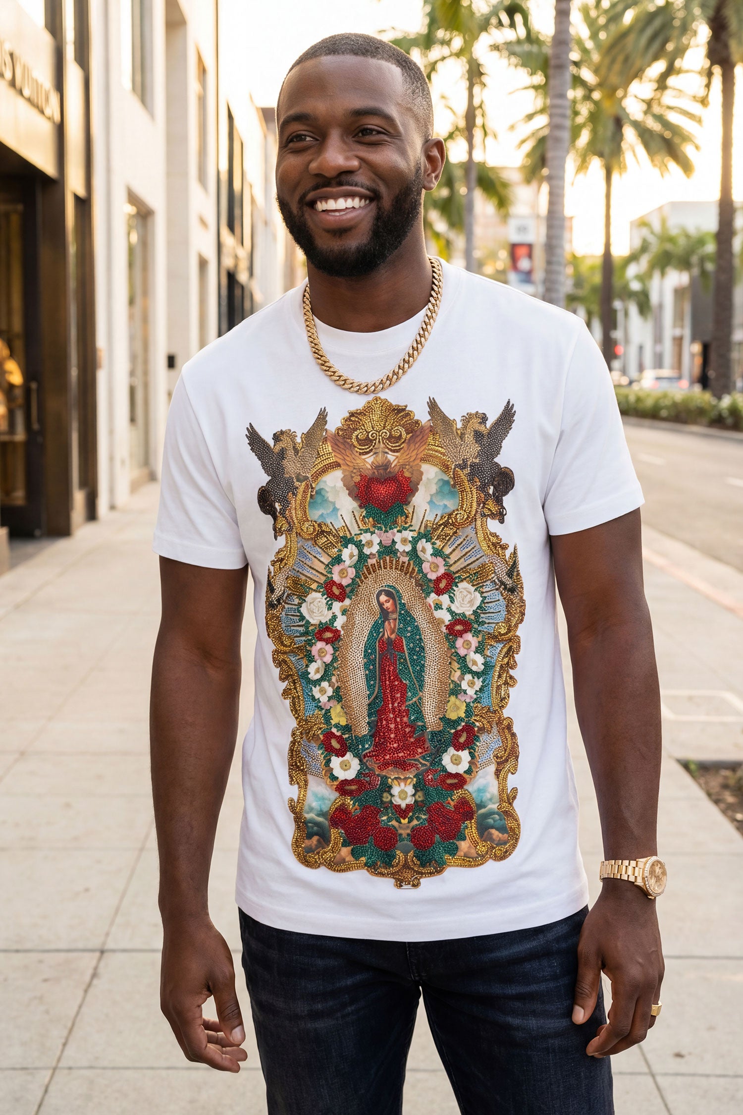 Barabas Men's Our Lady of Guadalupe Rhinestone Crew Neck T-Shirt 6TR01 White