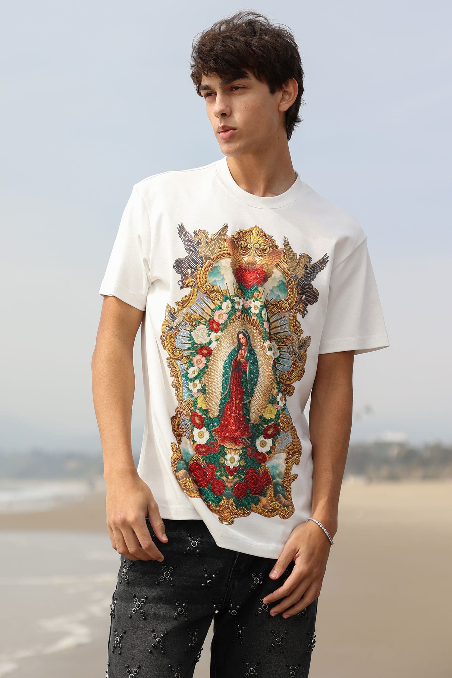 Barabas Men's Our Lady of Guadalupe Rhinestone Crew Neck T-Shirt 6TR01 White