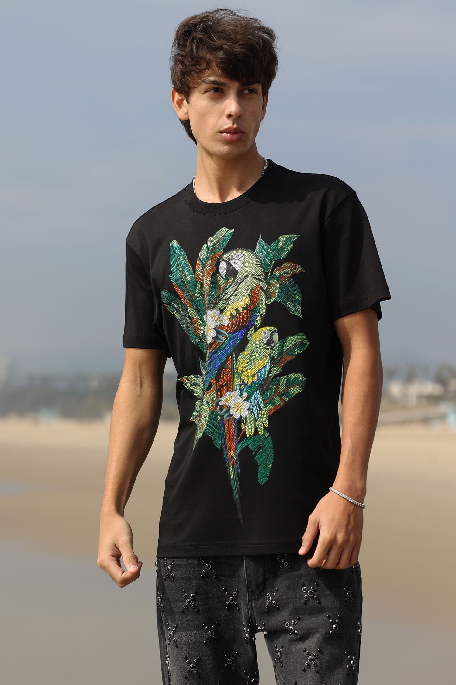 Barabas Men's Laurent Tropical Iguana Rhinestone T-Shirt 6TR02 Black