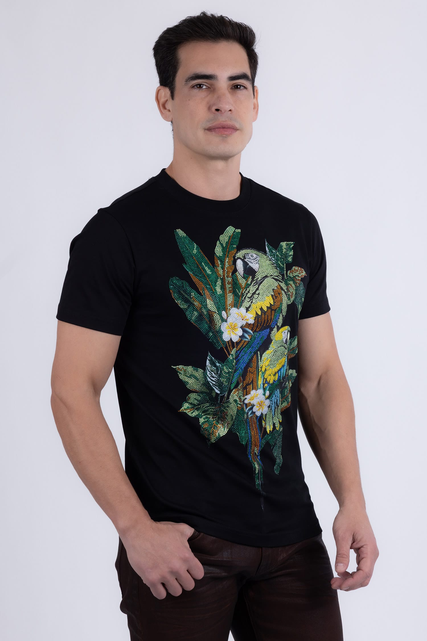 Barabas Men's Laurent Tropical Iguana Rhinestone T-Shirt 6TR02 Black