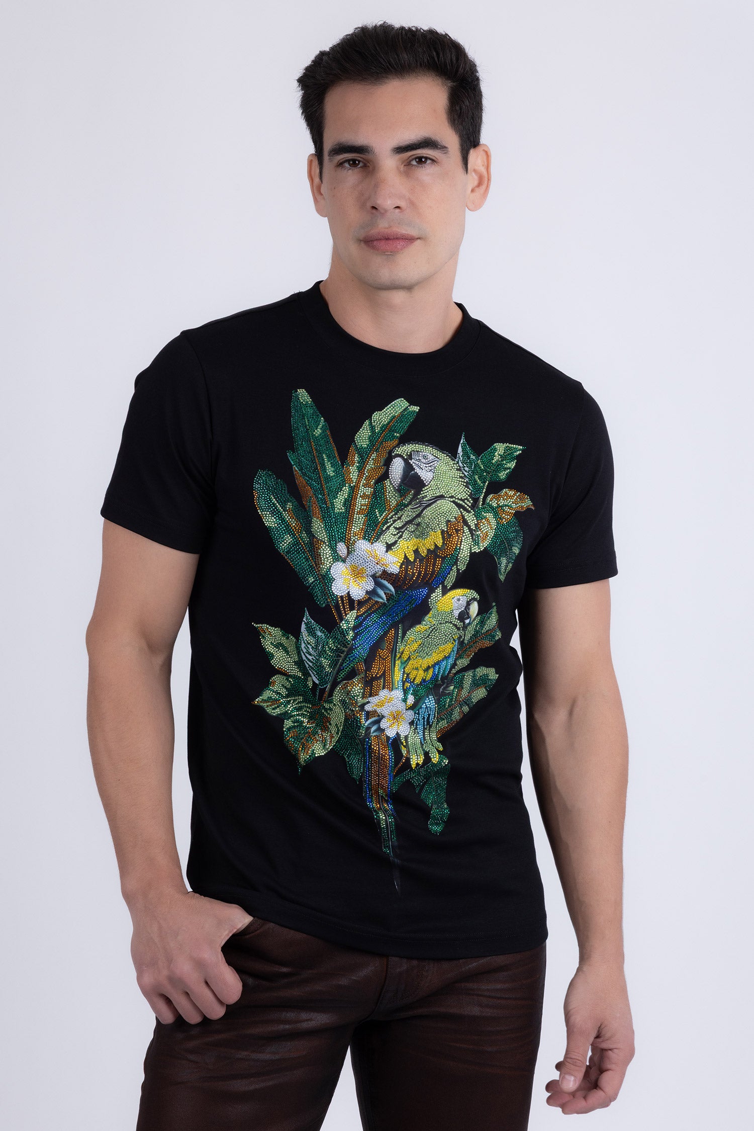 Barabas Men's Laurent Tropical Iguana Rhinestone T-Shirt 6TR02 Black