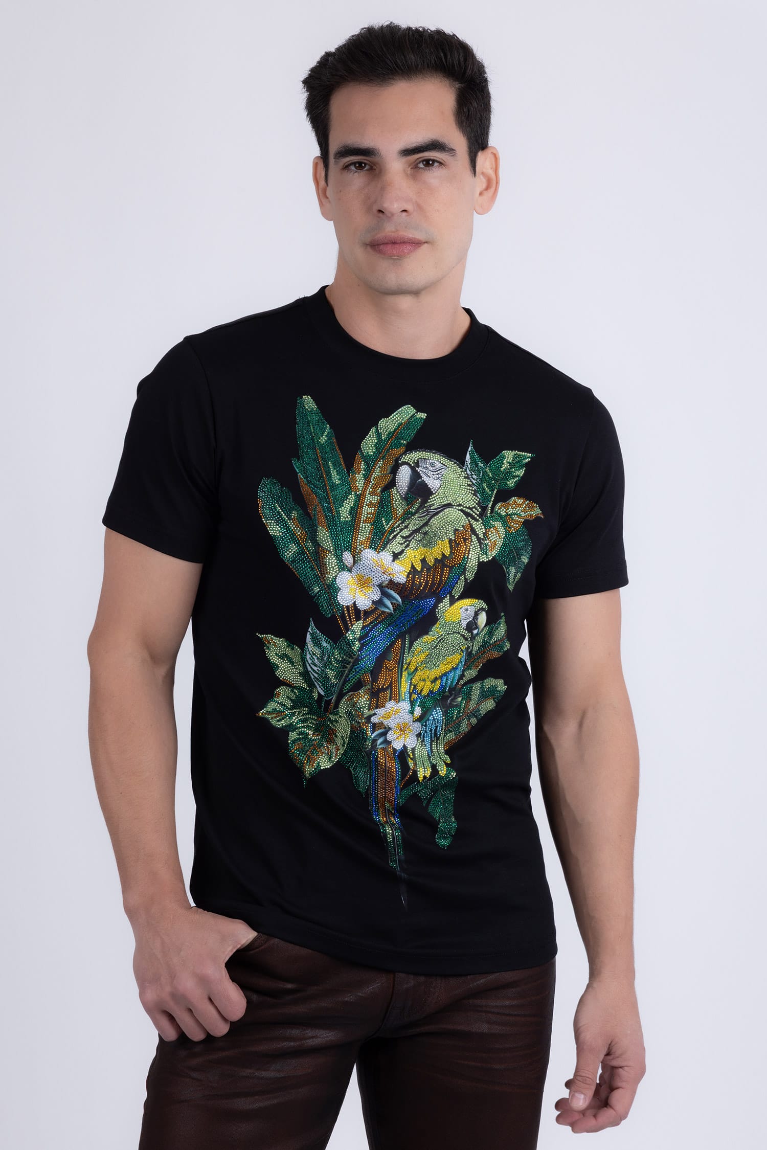 Barabas Men's Laurent Tropical Iguana Rhinestone T-Shirt 6TR02 Black
