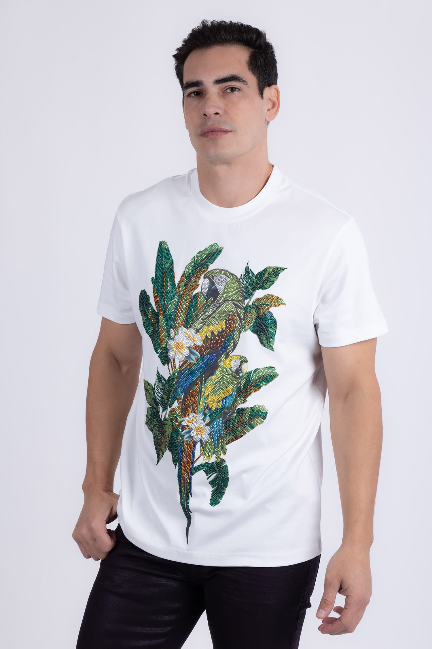 Barabas Men's Laurent Tropical Iguana Rhinestone T-Shirt 6TR02 White