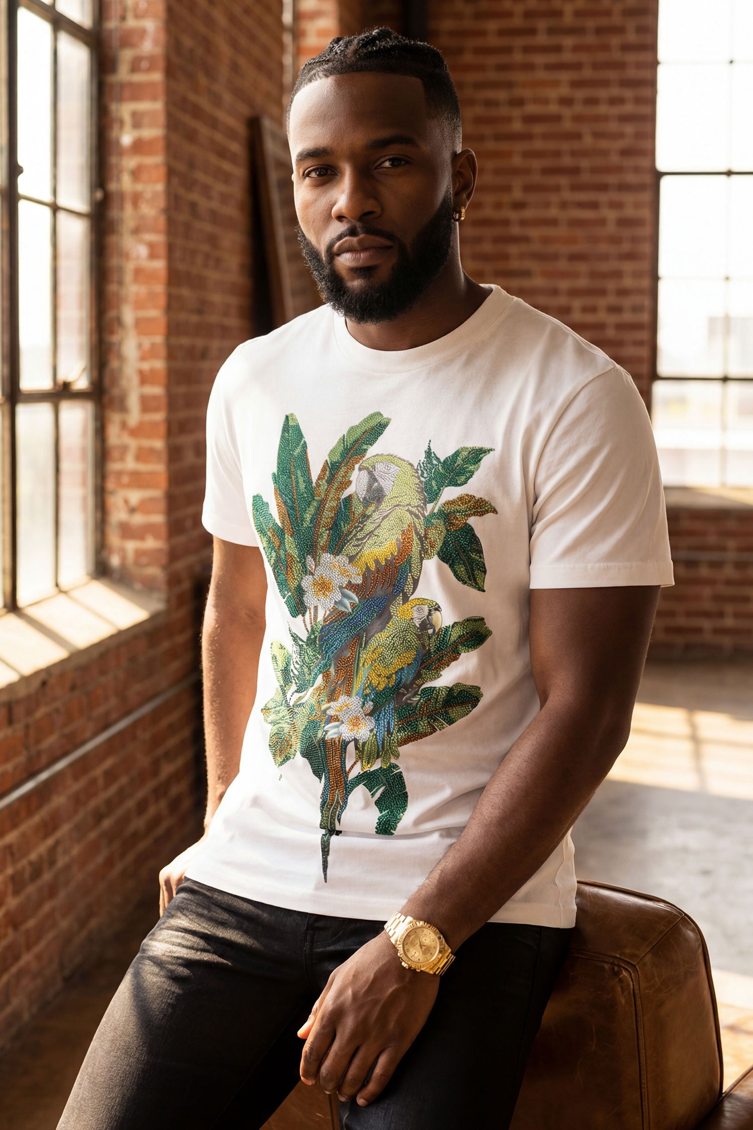 Barabas Men's Laurent Tropical Iguana Rhinestone T-Shirt 6TR02 White