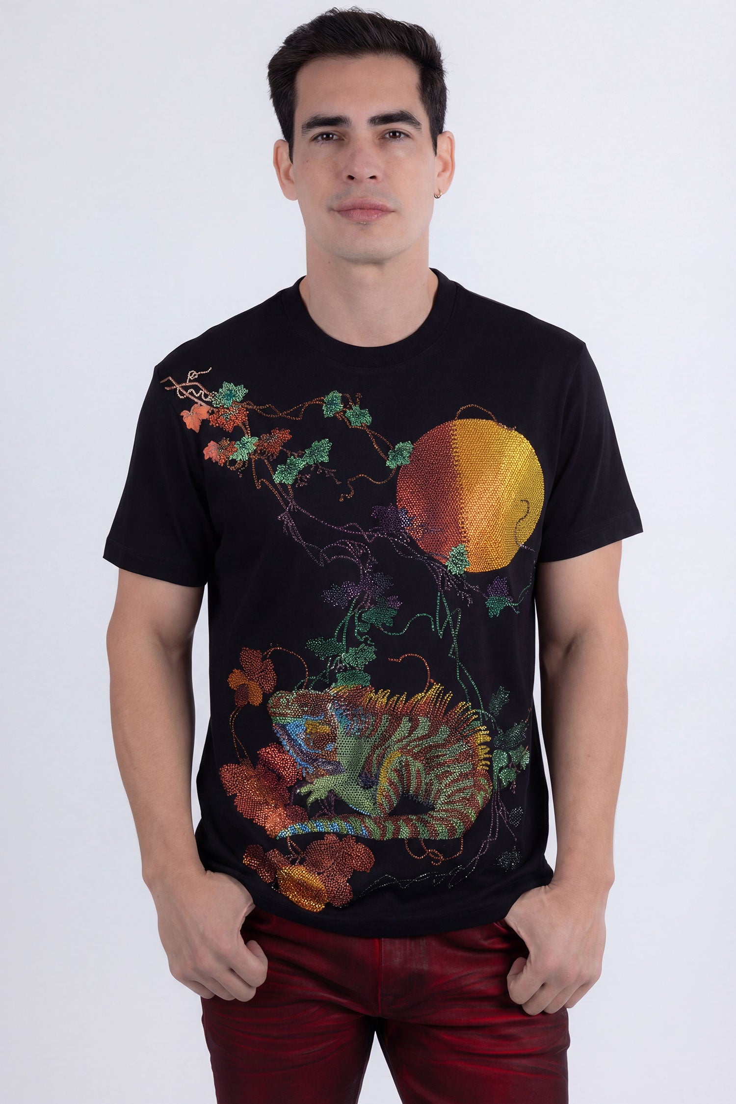 Barabas Men's Rhinestone Iguana Floral Crew-neck T-shirt 6TR03 Black