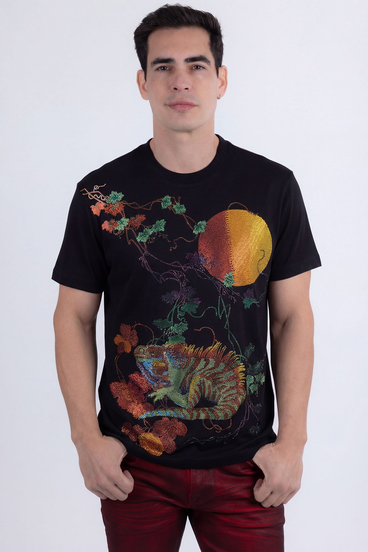 Barabas Men's Rhinestone Iguana Floral Crew-neck T-shirt 6TR03 Black